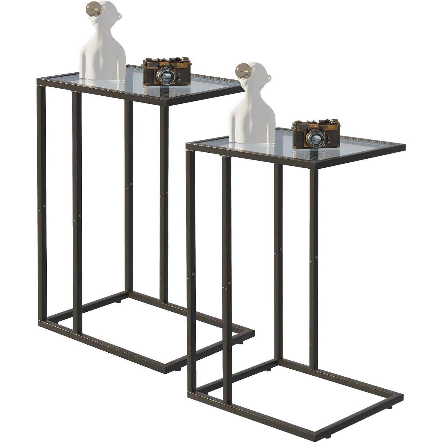 C-förmiger Glas-Beistelltisch 2er Set für Couch & Sofa, Schwarz