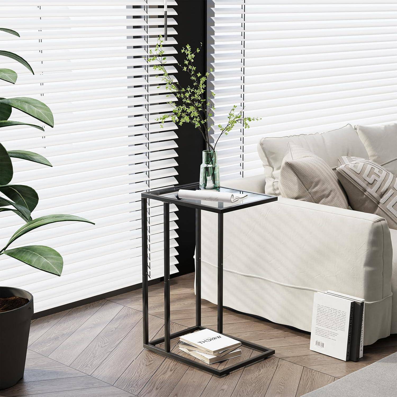 C-förmiger Glas-Beistelltisch 2er Set für Couch & Sofa, Schwarz
