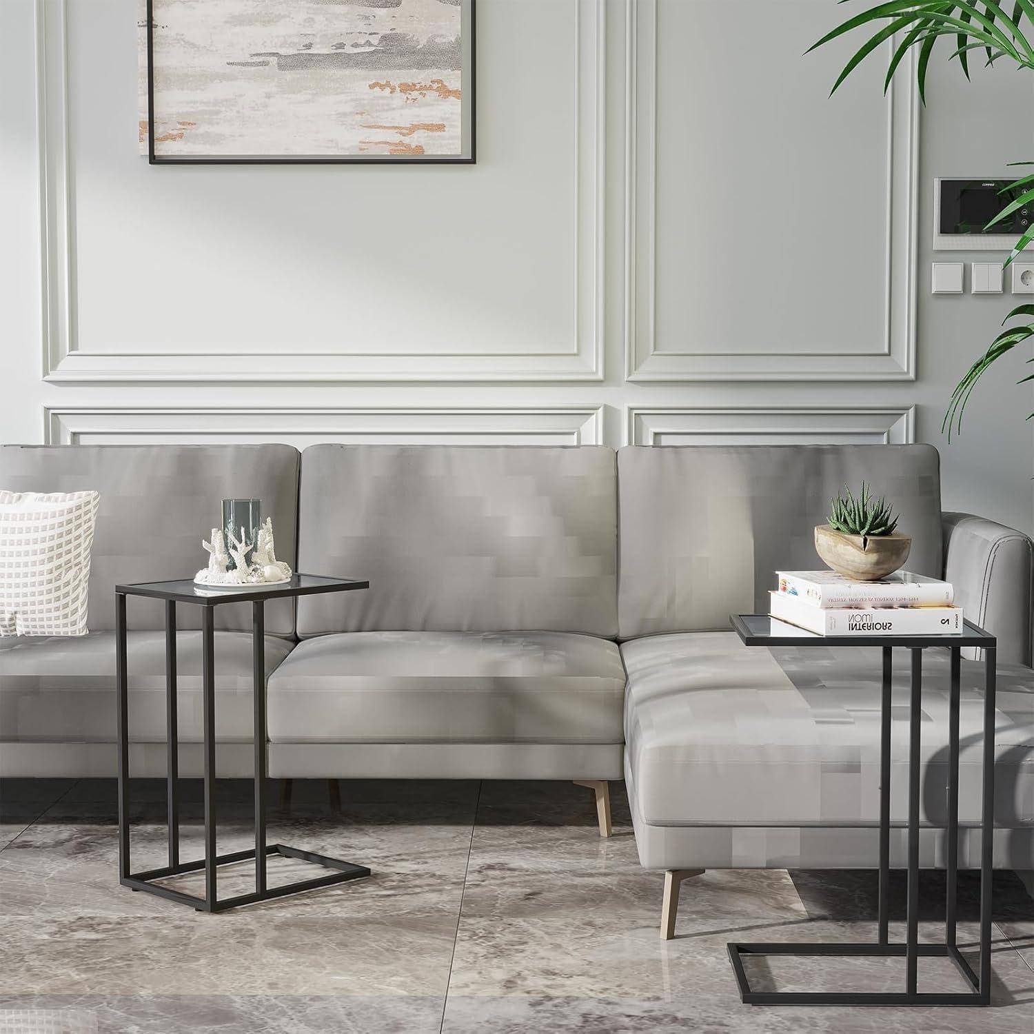 C-förmiger Glas-Beistelltisch 2er Set für Couch & Sofa, Schwarz