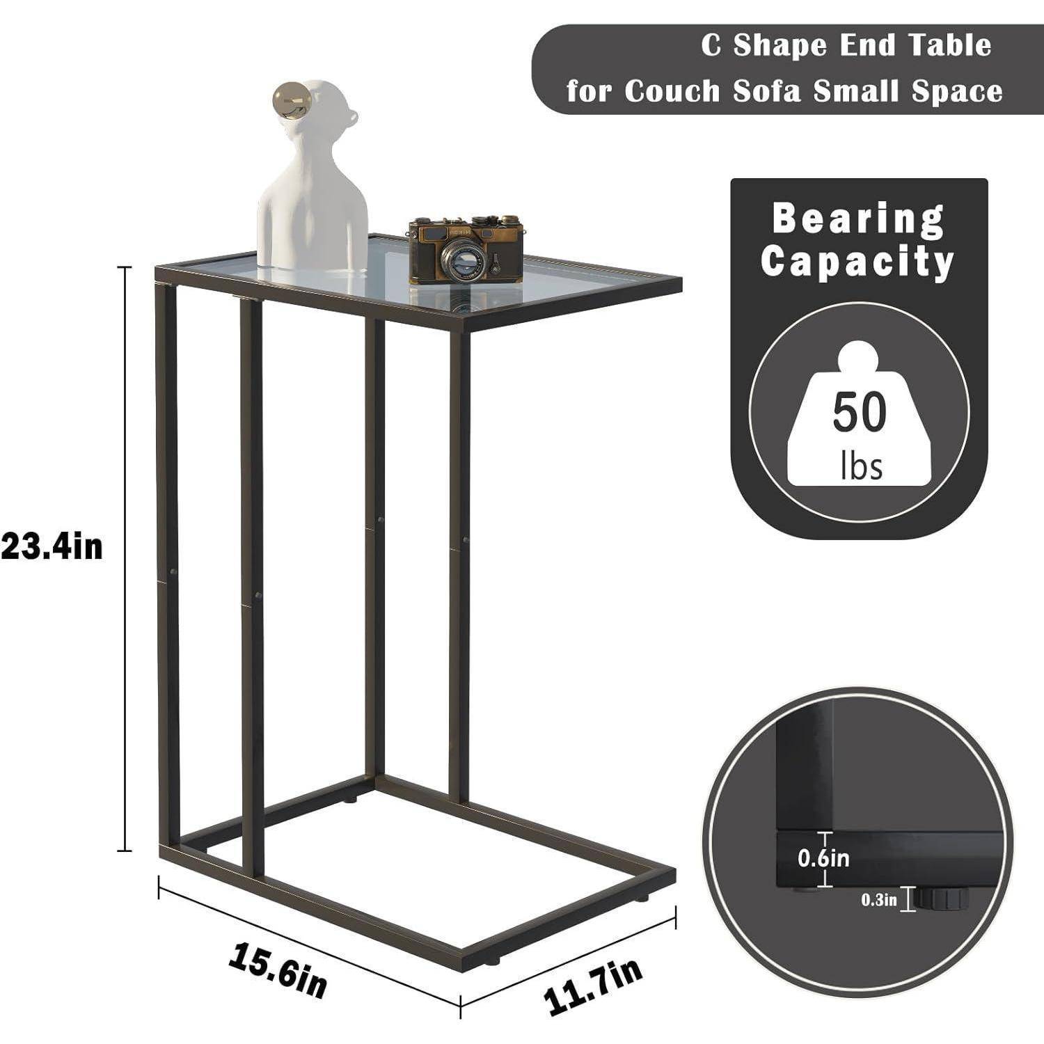 C-förmiger Glas-Beistelltisch 2er Set für Couch & Sofa, Schwarz