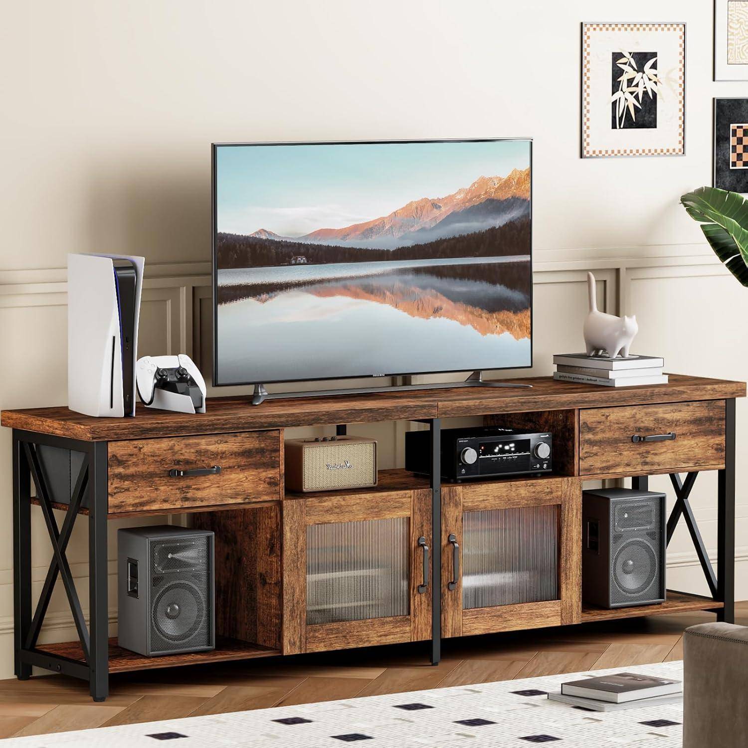 TV Schrank Industriestil 180cm mit Metallgittertür und Stoffschubladen