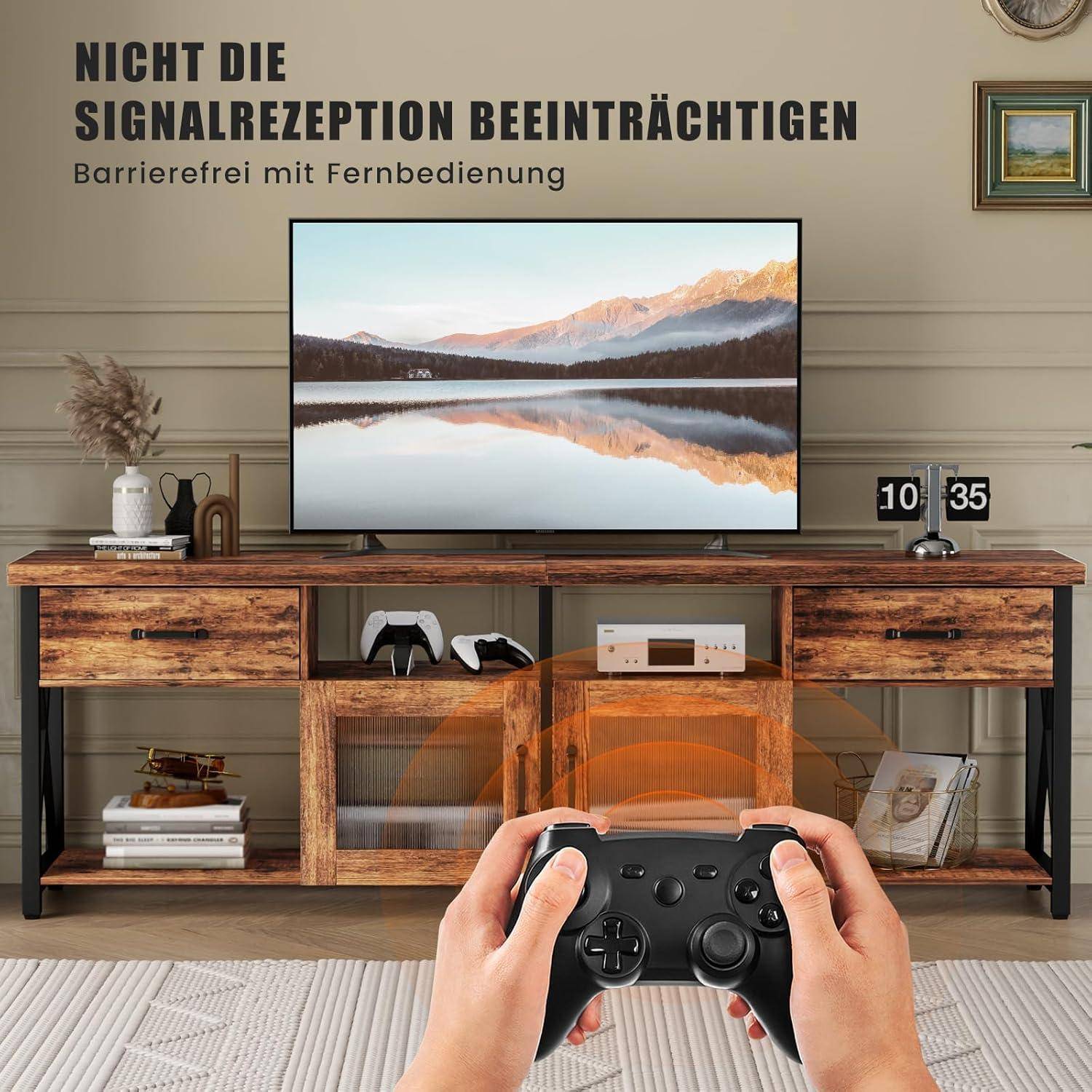 TV Schrank Industriestil 180cm mit Metallgittertür und Stoffschubladen