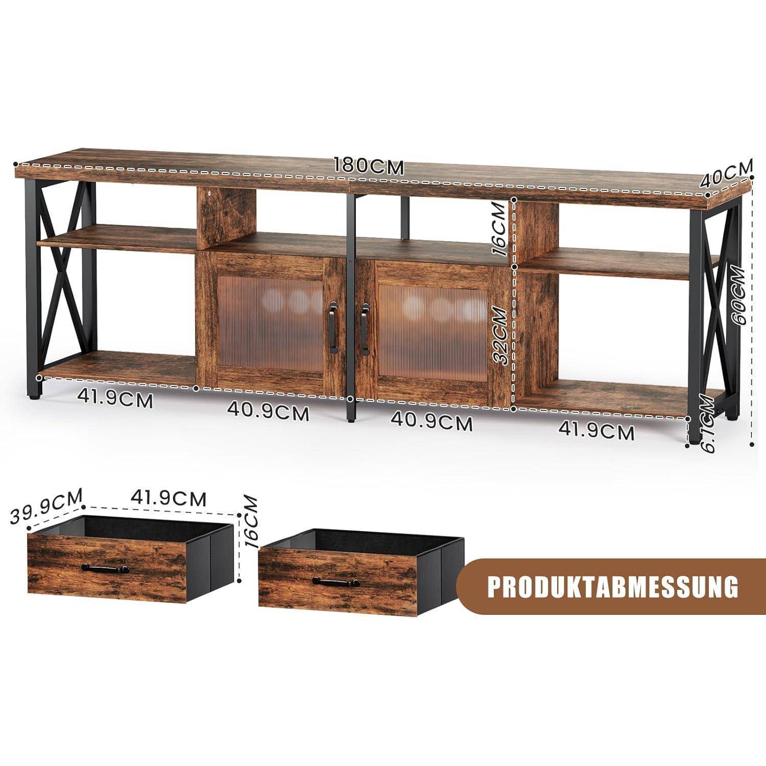 TV Schrank Industriestil 180cm mit Metallgittertür und Stoffschubladen