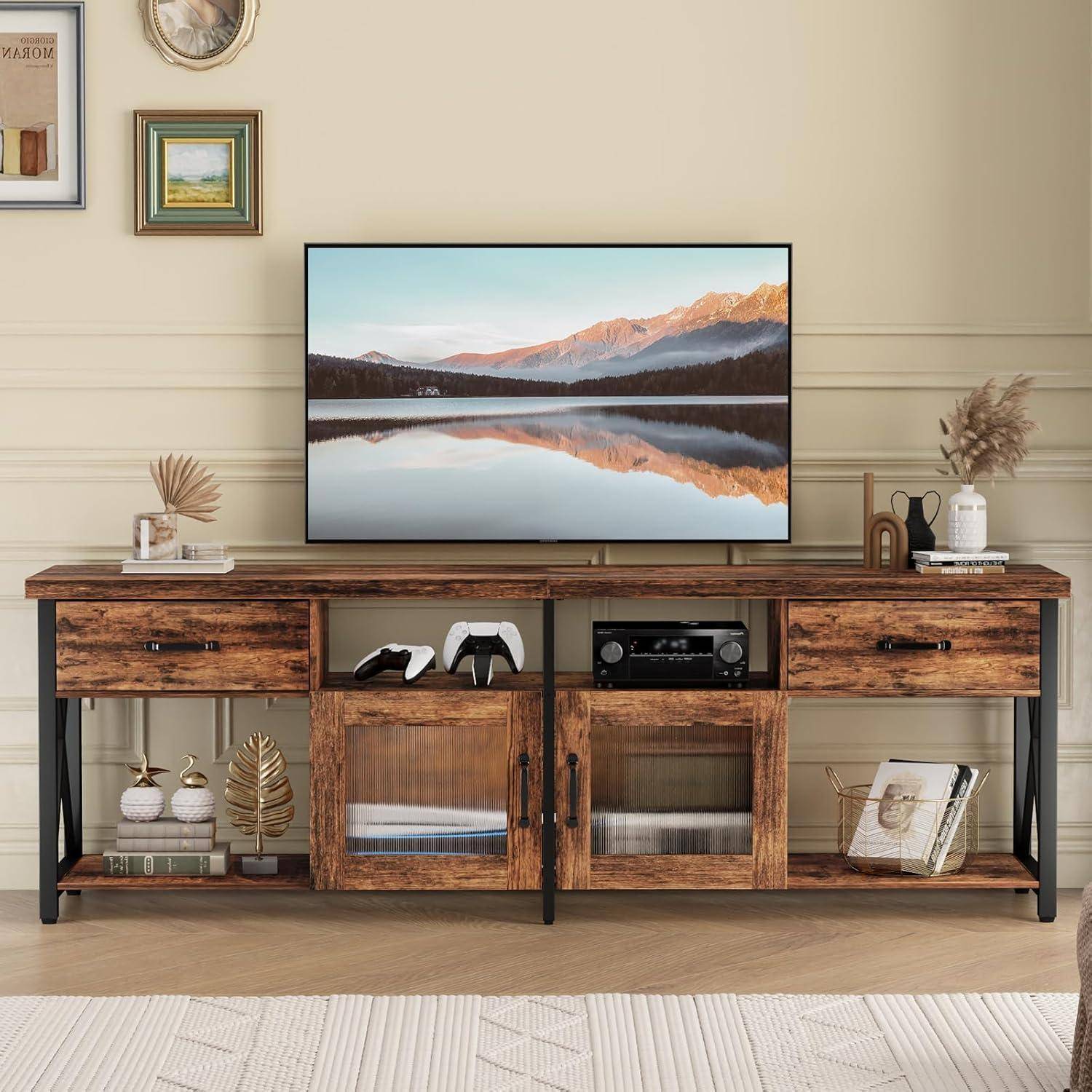 TV Schrank Industriestil 180cm mit Metallgittertür und Stoffschubladen