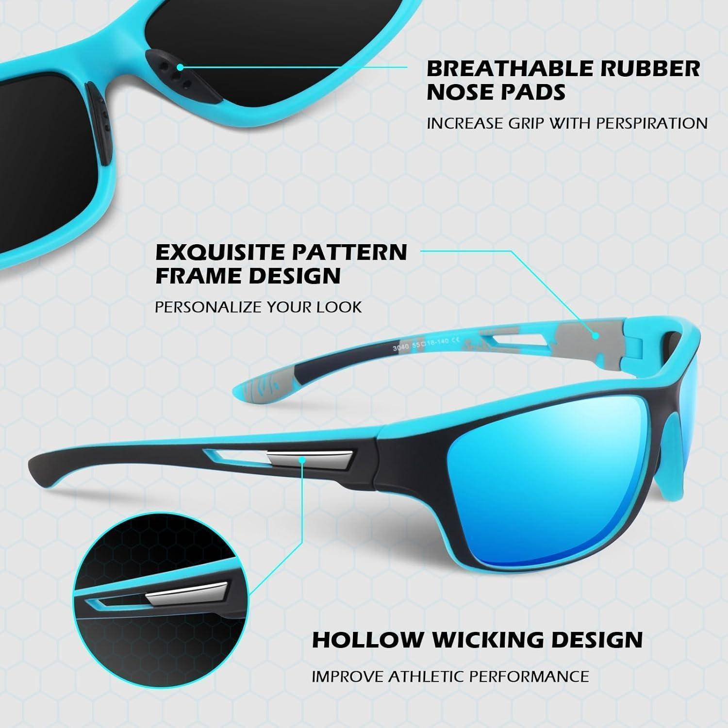 Sonnenbrille mit blauen Rahmen, ausgestattet mit atmungsaktiven Gumminarsenauflagen, einem exquisiten Musterdesign und Hohlraum-Feuchtigkeitsableitung zur Leistungssteigerung.
