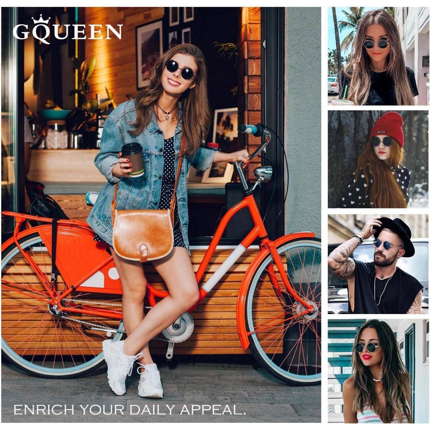 Eine Frau posiert mit einem orangen Fahrrad, trägt eine Jeansjacke und hält einen Kaffee. Seitenbilder zeigen verschiedene Menschen mit stylischen Sonnenbrillen. Text lautet: „GQQUEEN