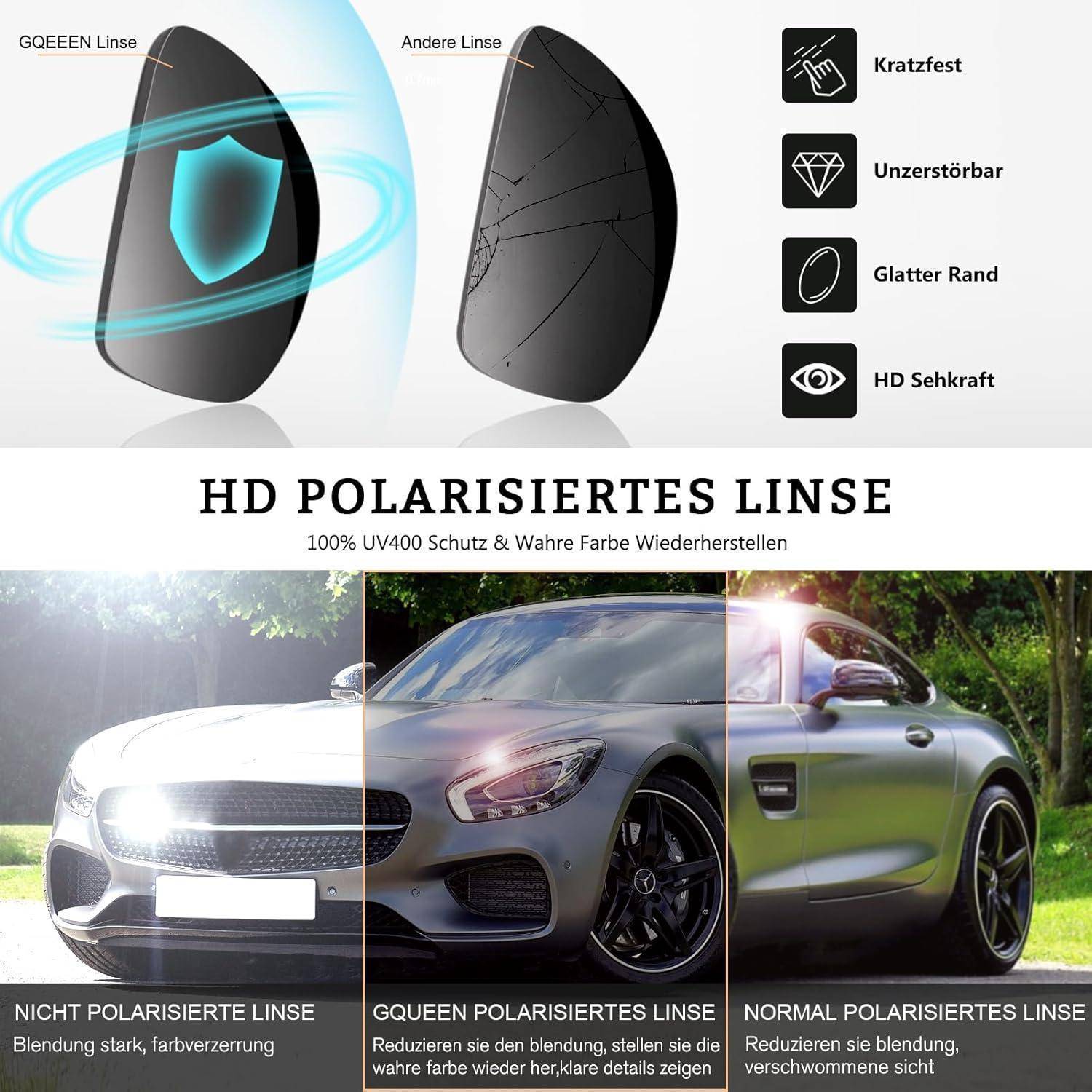 Geteiltes Bild, das zwei Autos zeigt. Die linke Hälfte demonstriert Blendungsreduzierung mit einem Polarisationsfilter; die rechte Hälfte zeigt Blendung ohne Filter.