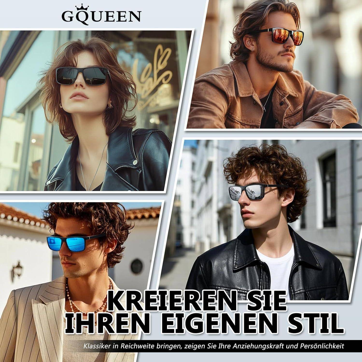 Vier Personen tragen stilvolle Sonnenbrillen; jede Person hat einen einzigartigen Stil. Der Text lautet: 'Kreieren Sie Ihren eigenen Stil', wobei die Individualität betont wird.