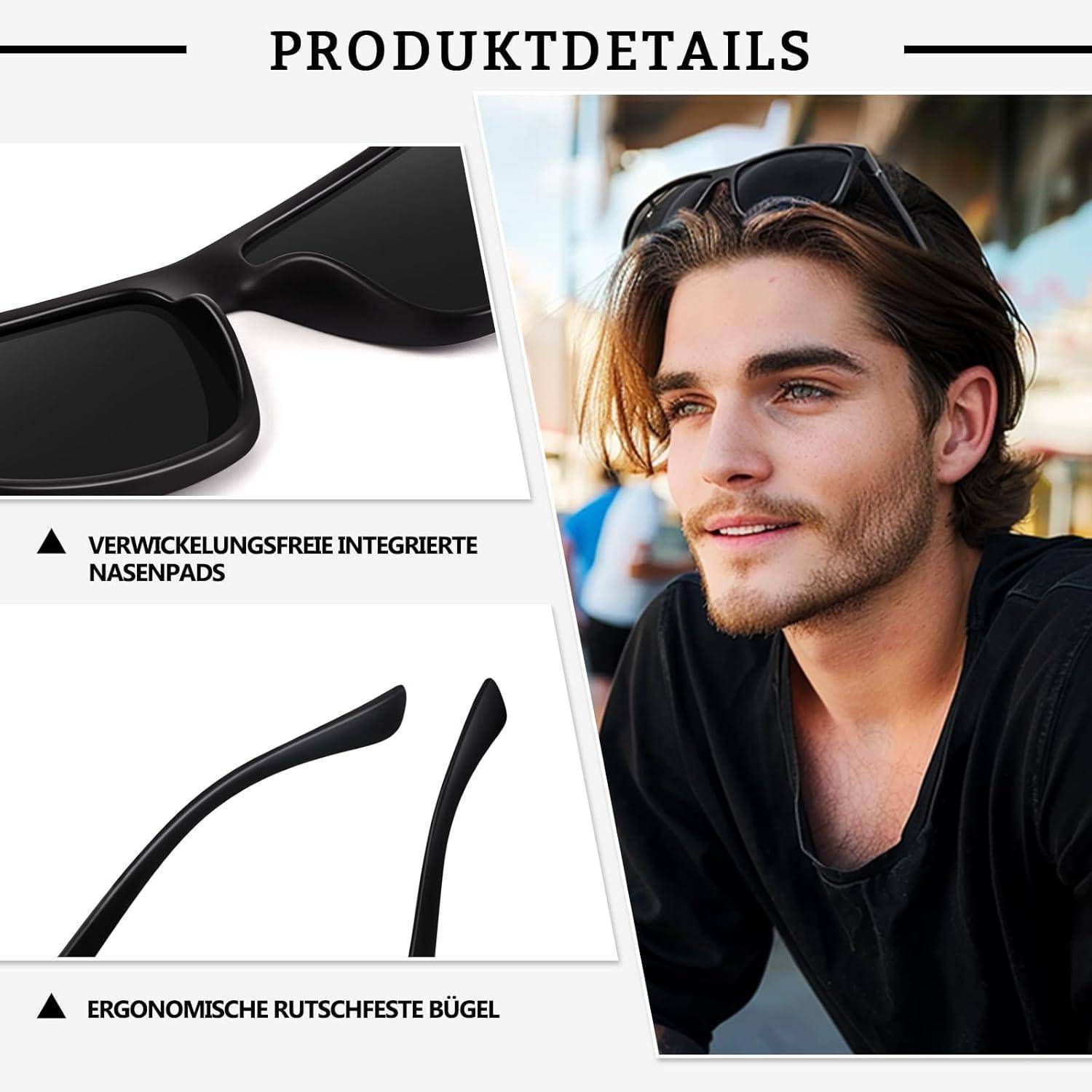 Junger Mann mit Sonnenbrille lächelt im Freien. Eine Grafik hebt die verknäulungsfreien Nasenpads und die ergonomischen, rutschfesten Bügel der Sonnenbrille hervor.
