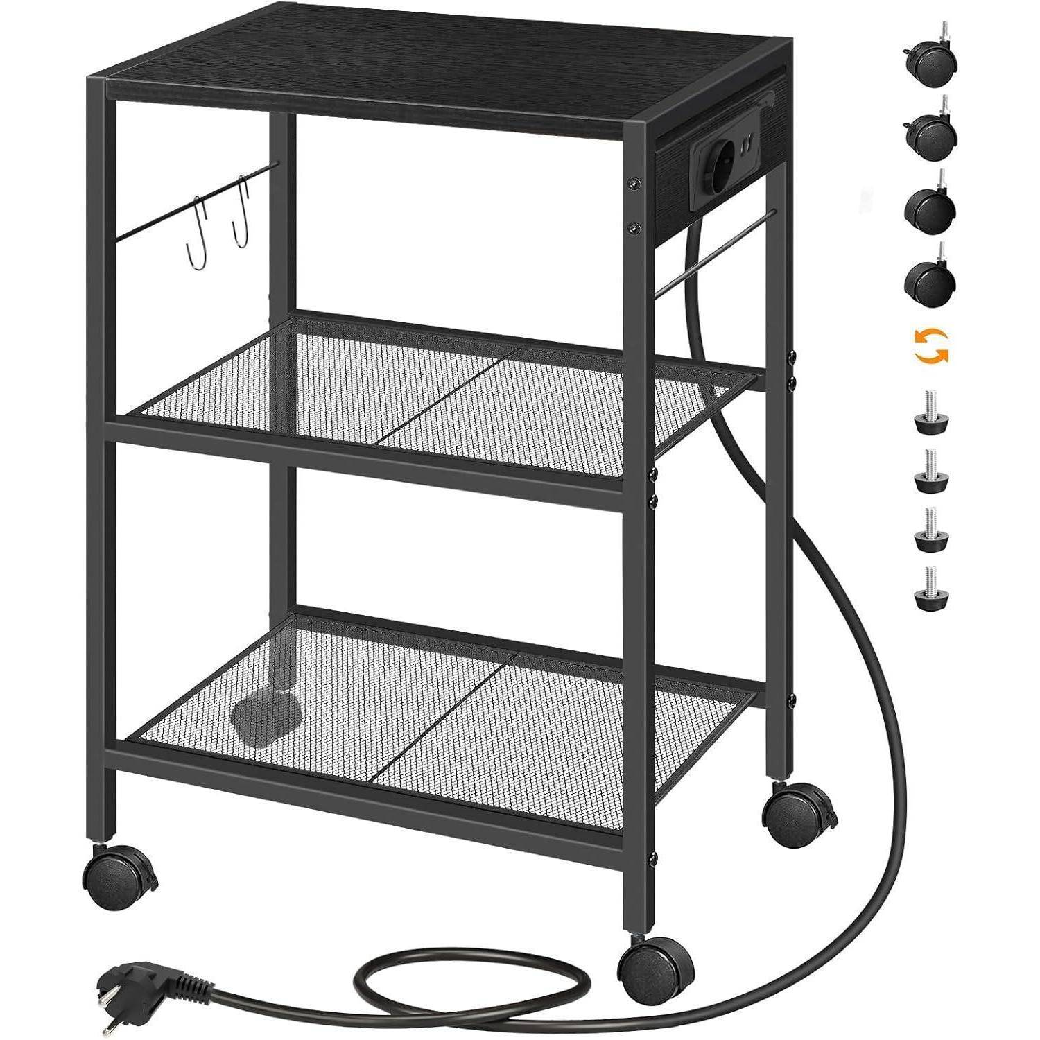 3-stufiger Druckerständer mit Ladestation und Rollen/Füßen, Schwarz
