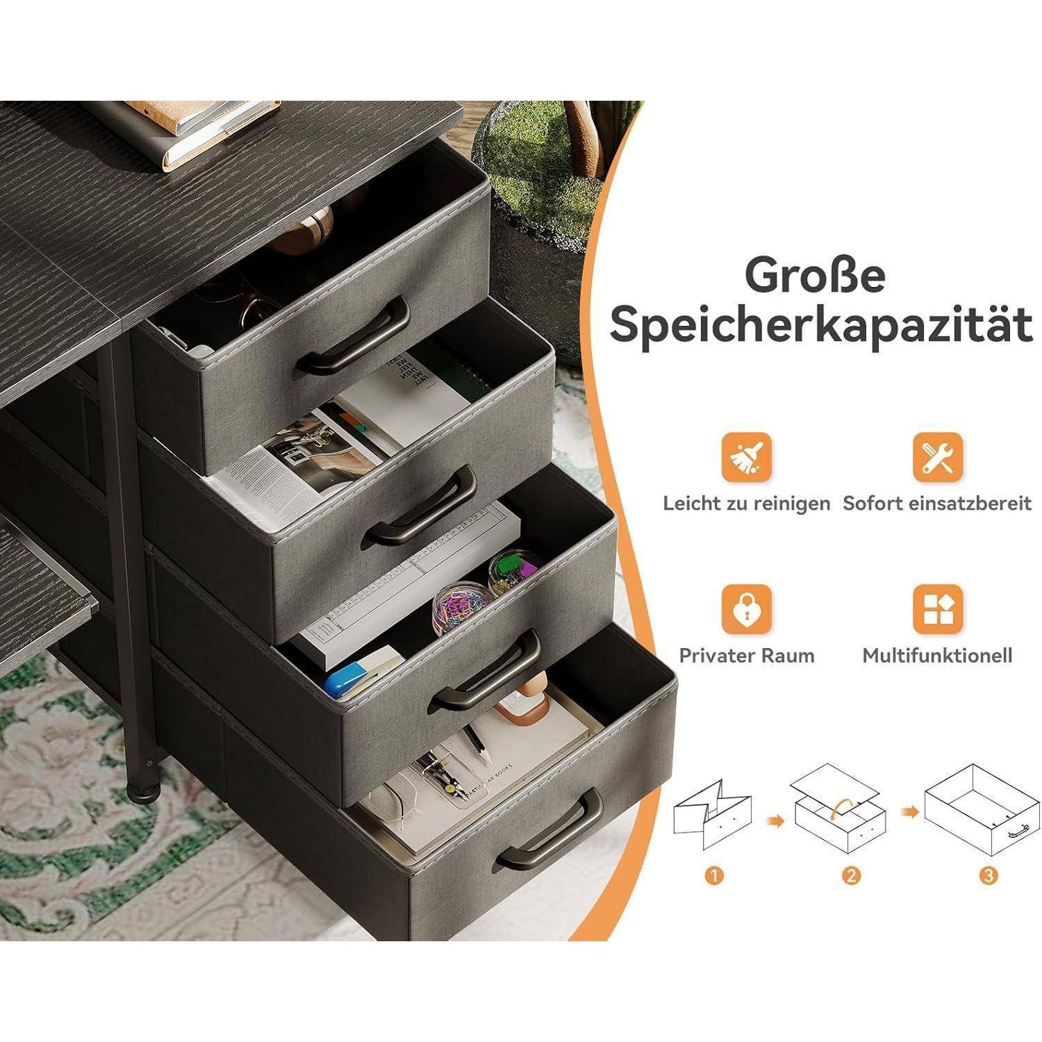 Schreibtisch mit 4 Schubladen und USB Ladeanschluss, Gaming Tisch für