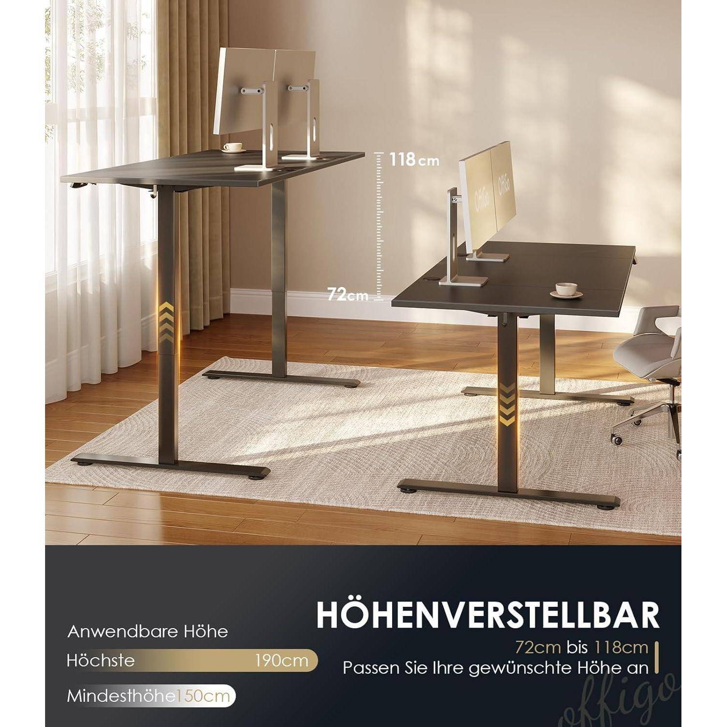 Schreibtisch Höhenverstellbar Elektrisch 180cm 180 x 70 cm Schwarz