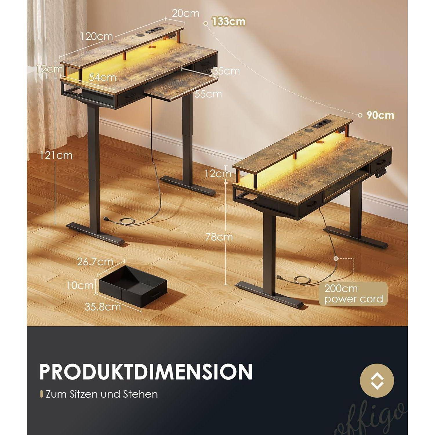 Elektrischer Schreibtisch Höhenverstellbar mit Schubladen 120 cm Braun
