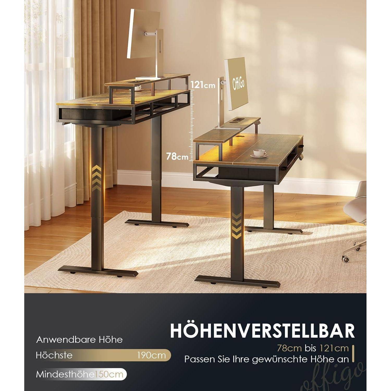 Elektrischer Schreibtisch Höhenverstellbar mit Schubladen 120 cm Braun