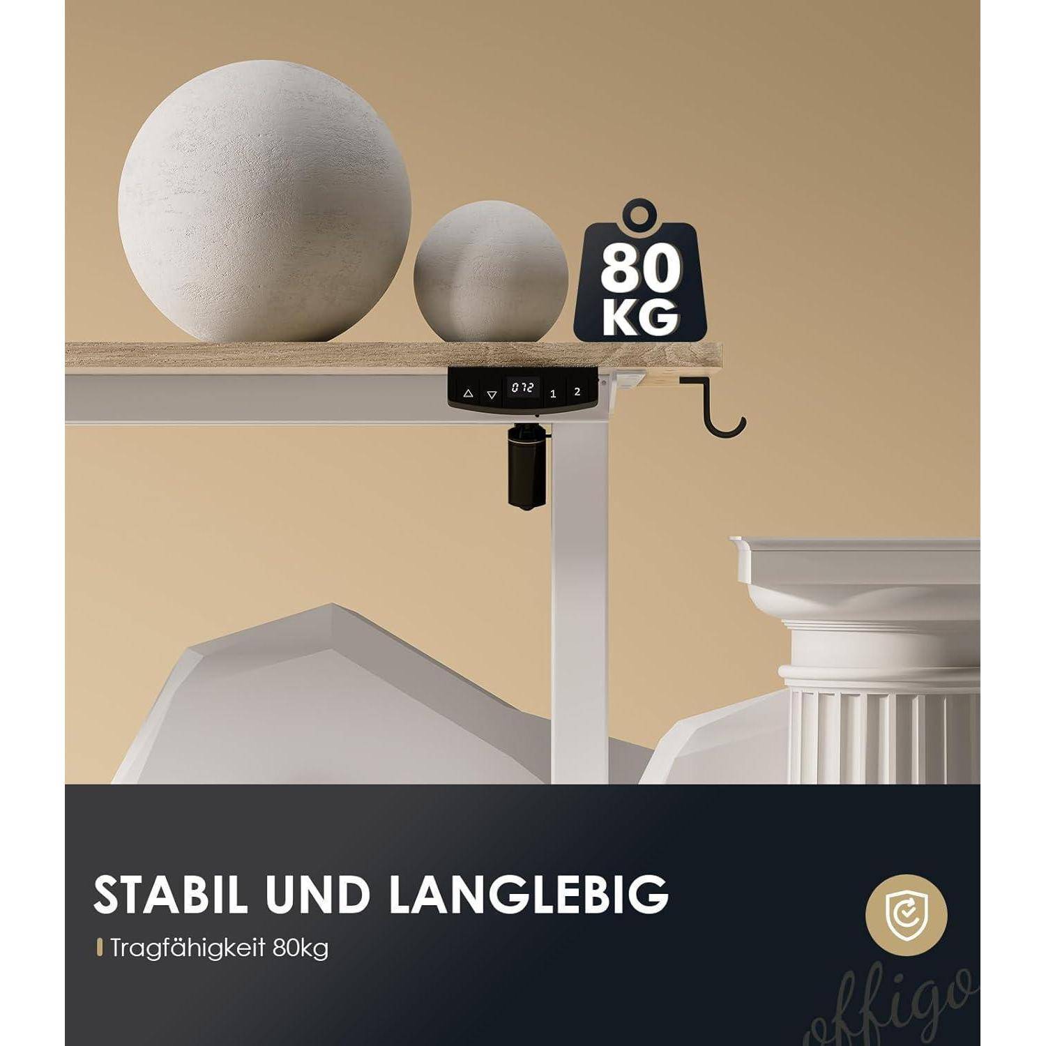 Ein stabiler Tisch mit weißen Kugeln; beschriftet mit einer Tragfähigkeit von '80 KG'. Text lautet: 'Stabil und Langlebig', 'Tragfähigkeit 80kg'.
