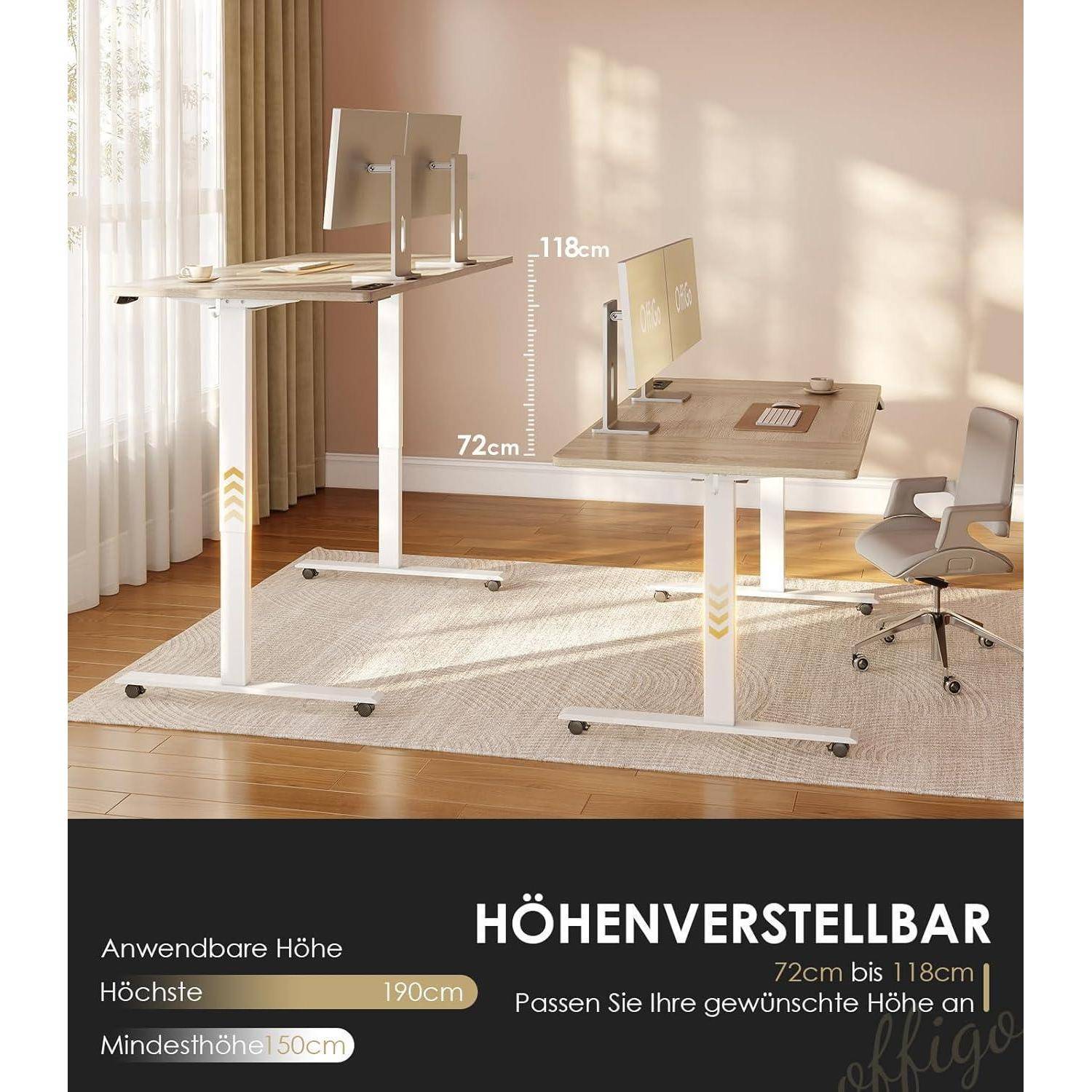 Höhenverstellbarer Schreibtisch mit zwei Einstellungen: 72 cm Mindesthöhe bis 118 cm maximale Höhe, dargestellt mit Bürostühlen und Monitoren.