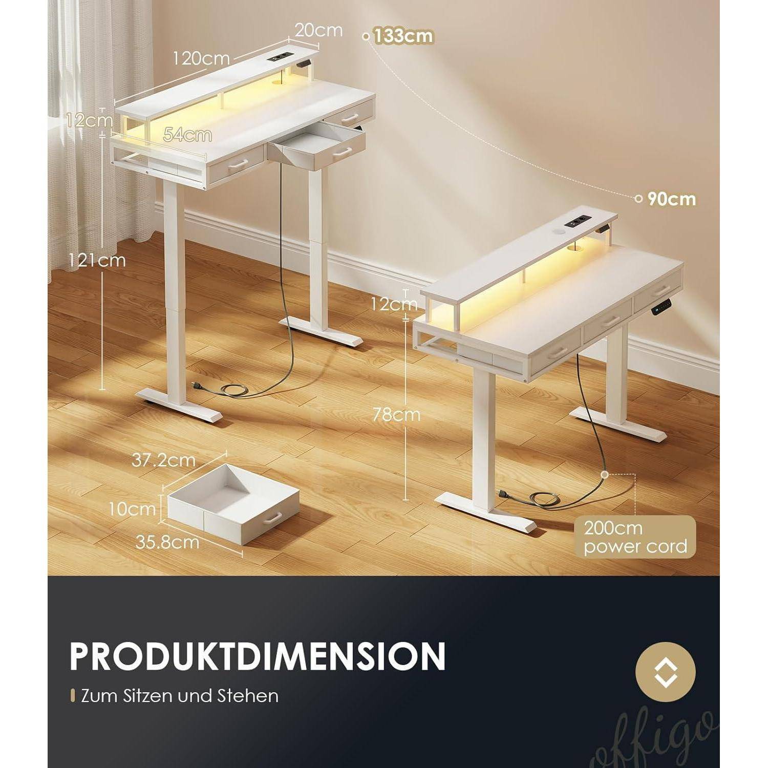 Elektrischer Schreibtisch mit Schubladen, 120cm Höhenverstellbar