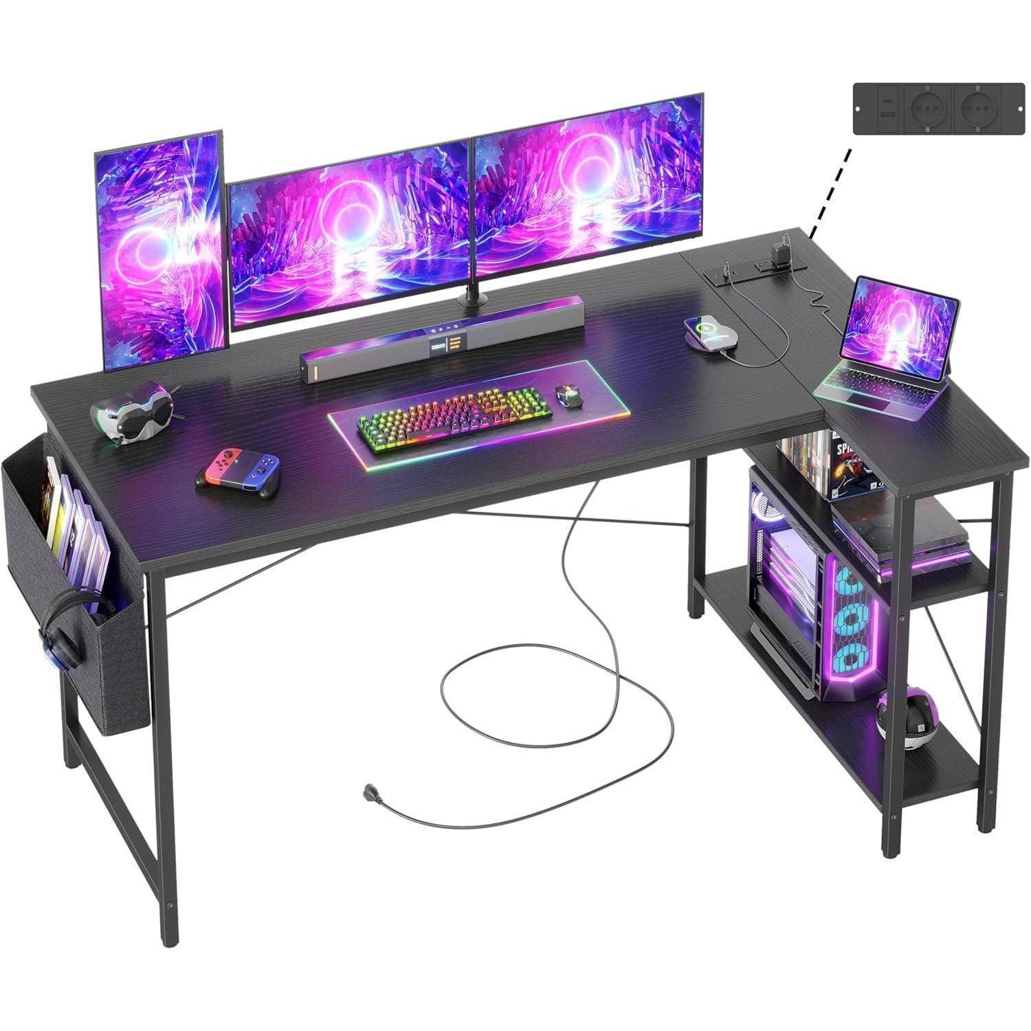 Gaming Schreibtisch L-Form 140x70 cm mit Steckdosen Seitentaschen