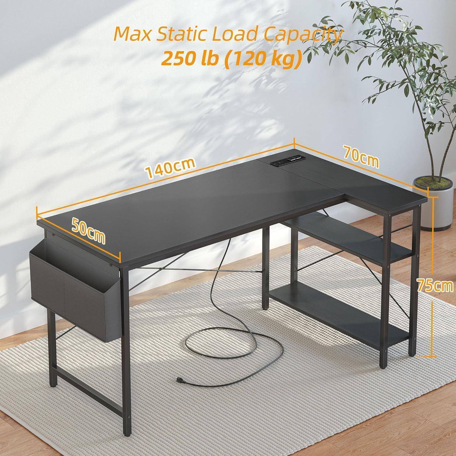 Gaming Schreibtisch L-Form 140x70 cm mit Steckdosen Seitentaschen