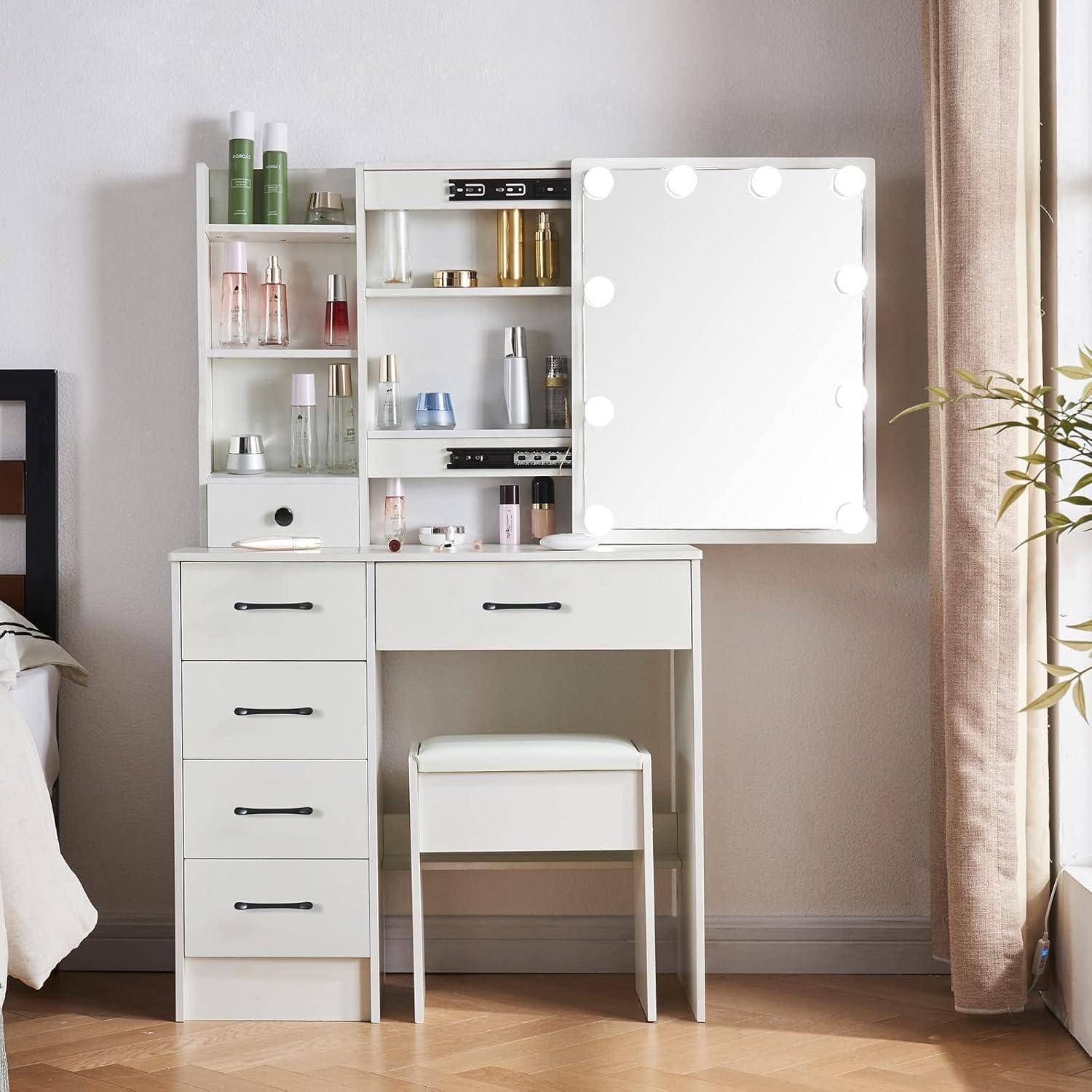 Schminktisch mit Hocker LED Licht 3 Farbtemperaturen 6 Schubladen
