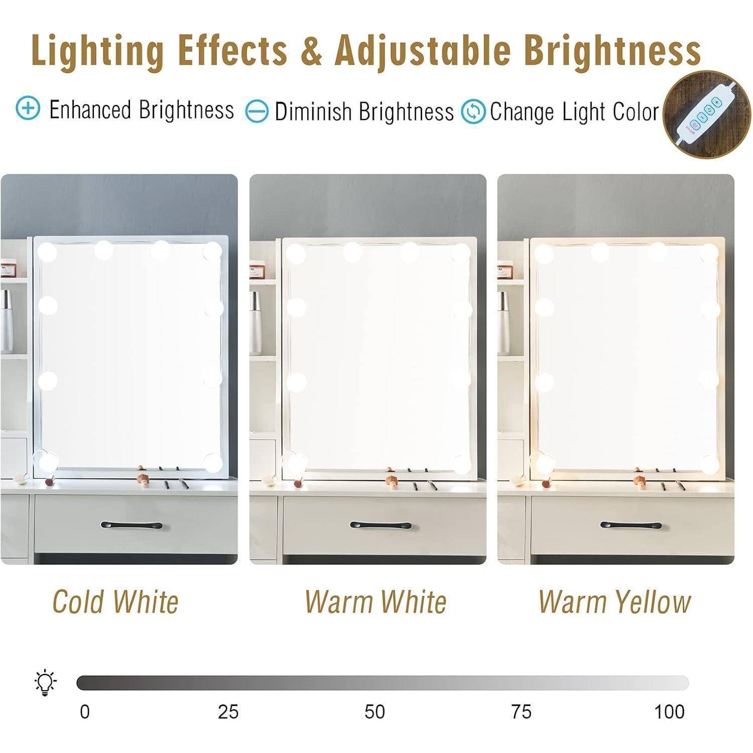 Schminktisch mit Hocker LED Licht 3 Farbtemperaturen 6 Schubladen
