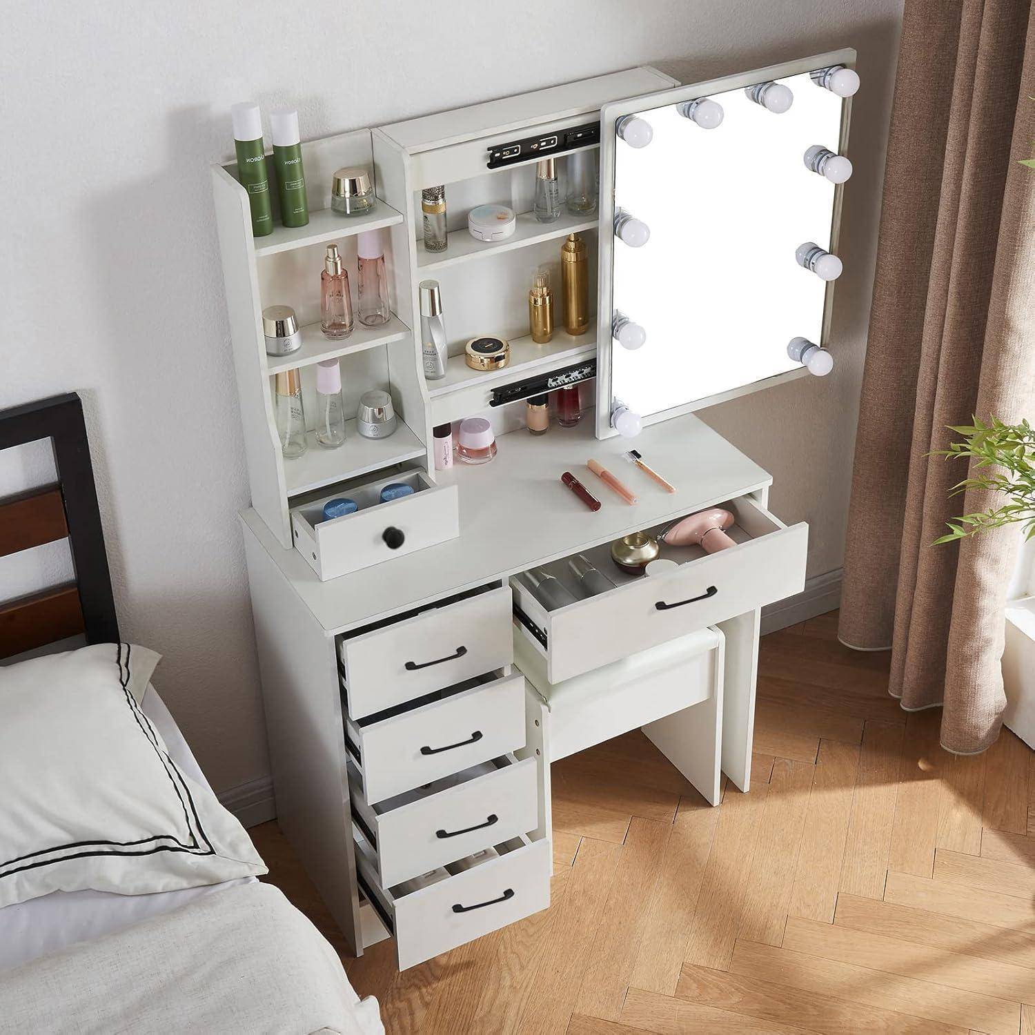 Schminktisch mit Hocker LED Licht 3 Farbtemperaturen 6 Schubladen