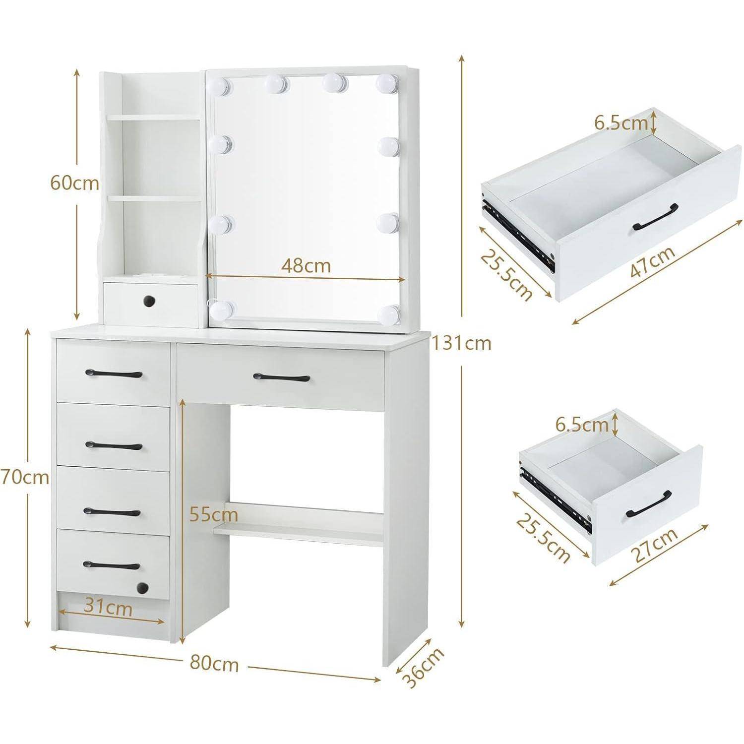 Schminktisch mit Hocker LED Licht 3 Farbtemperaturen 6 Schubladen