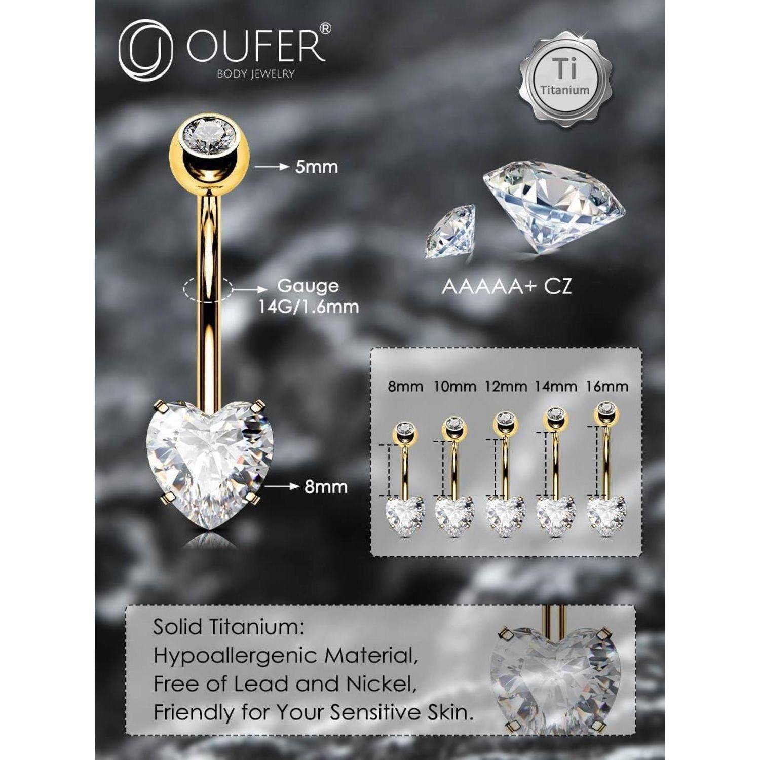 Bauchnabelpiercing 14G Titan Herz Gold 14mm Frauen Schmuck