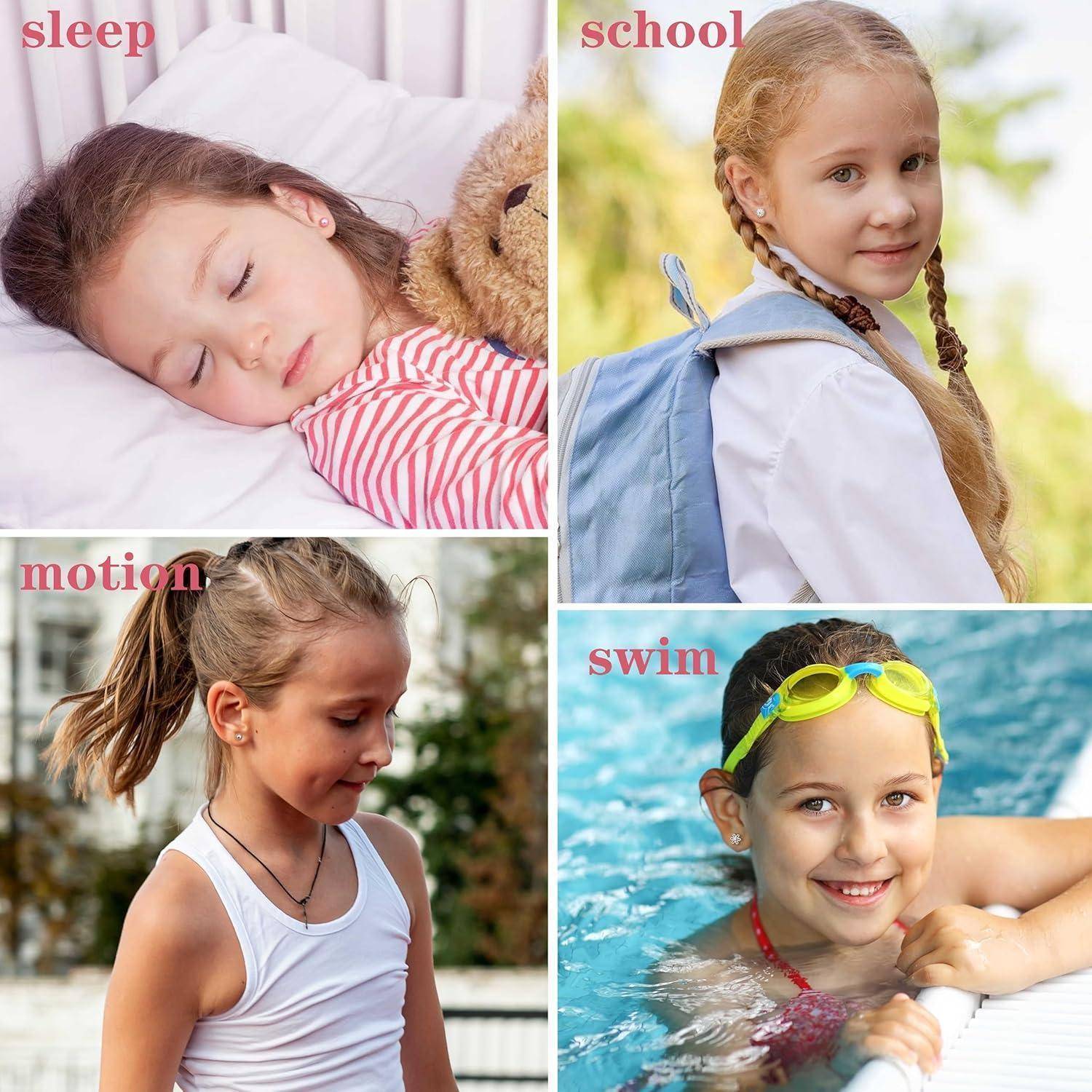 Vier Bilder zeigen ein Mädchen in verschiedenen Aktivitäten: 'Schlaf' während sie im Bett schläft, 'Schule' in Schuluniform mit einem Rucksack, 'Bewegung' beim Spielen im Freien und 'Schwimmen' im Pool mit Schwimmbrille.