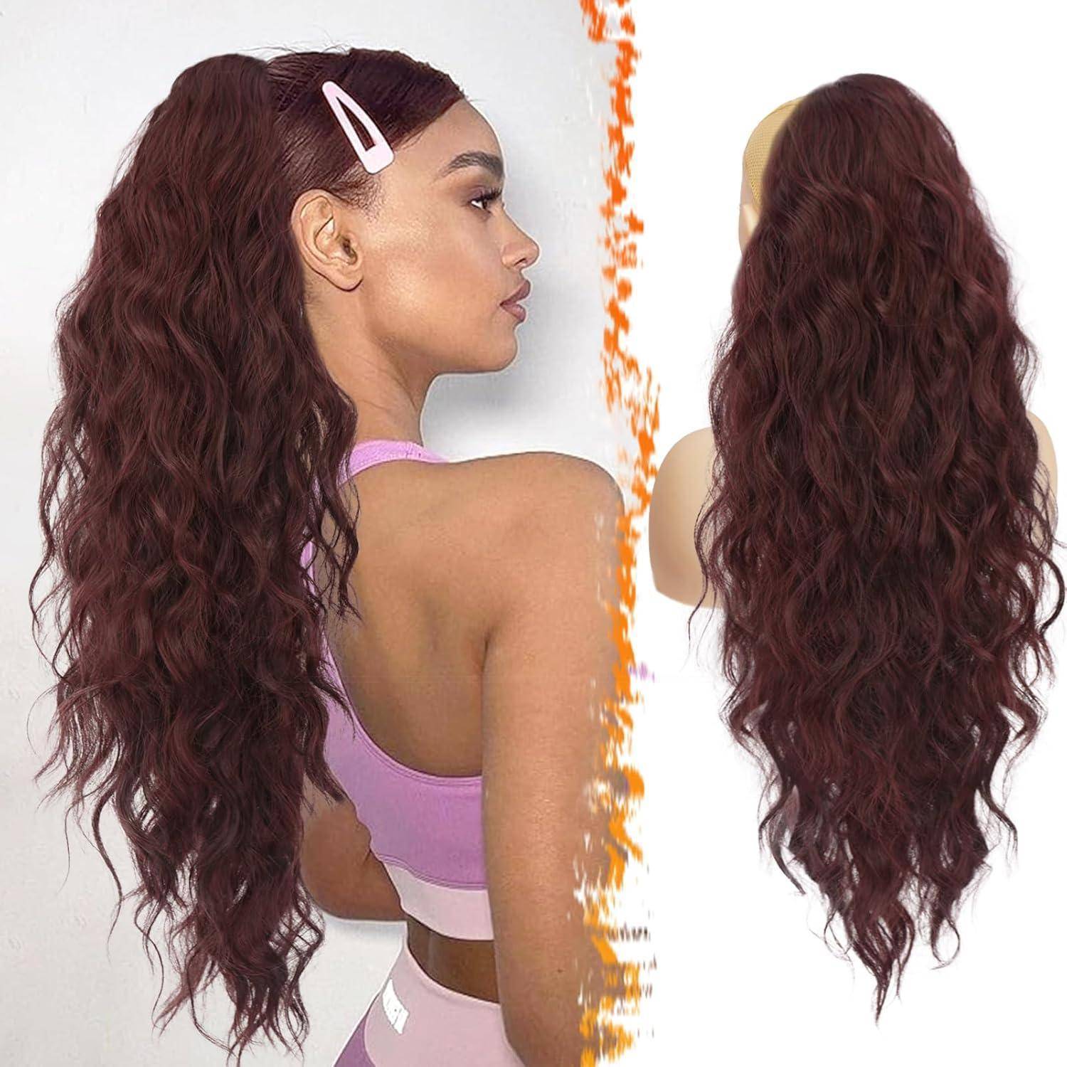Ponytail Extension 66cm Lockige Wellige Haarverlängerung Dark Burgundy