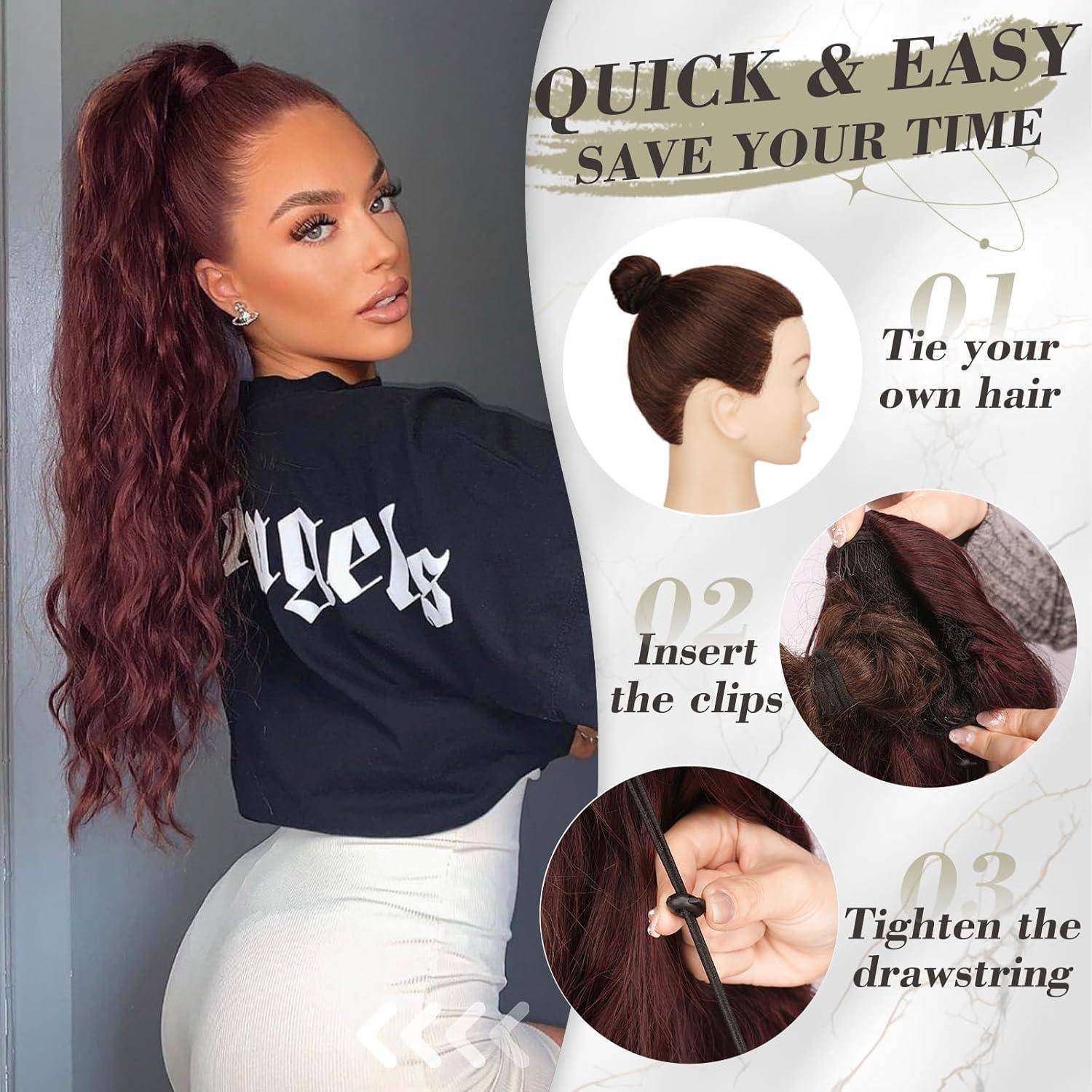 Ponytail Extension 66cm Lockige Wellige Haarverlängerung Dark Burgundy