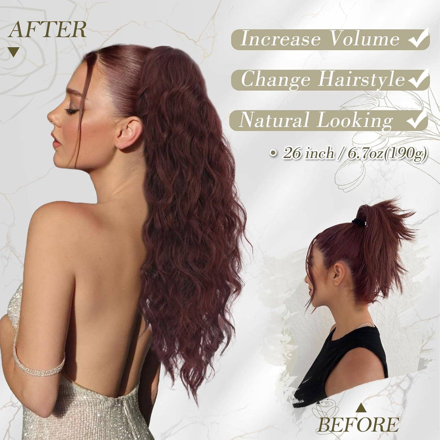 Ponytail Extension 66cm Lockige Wellige Haarverlängerung Dark Burgundy