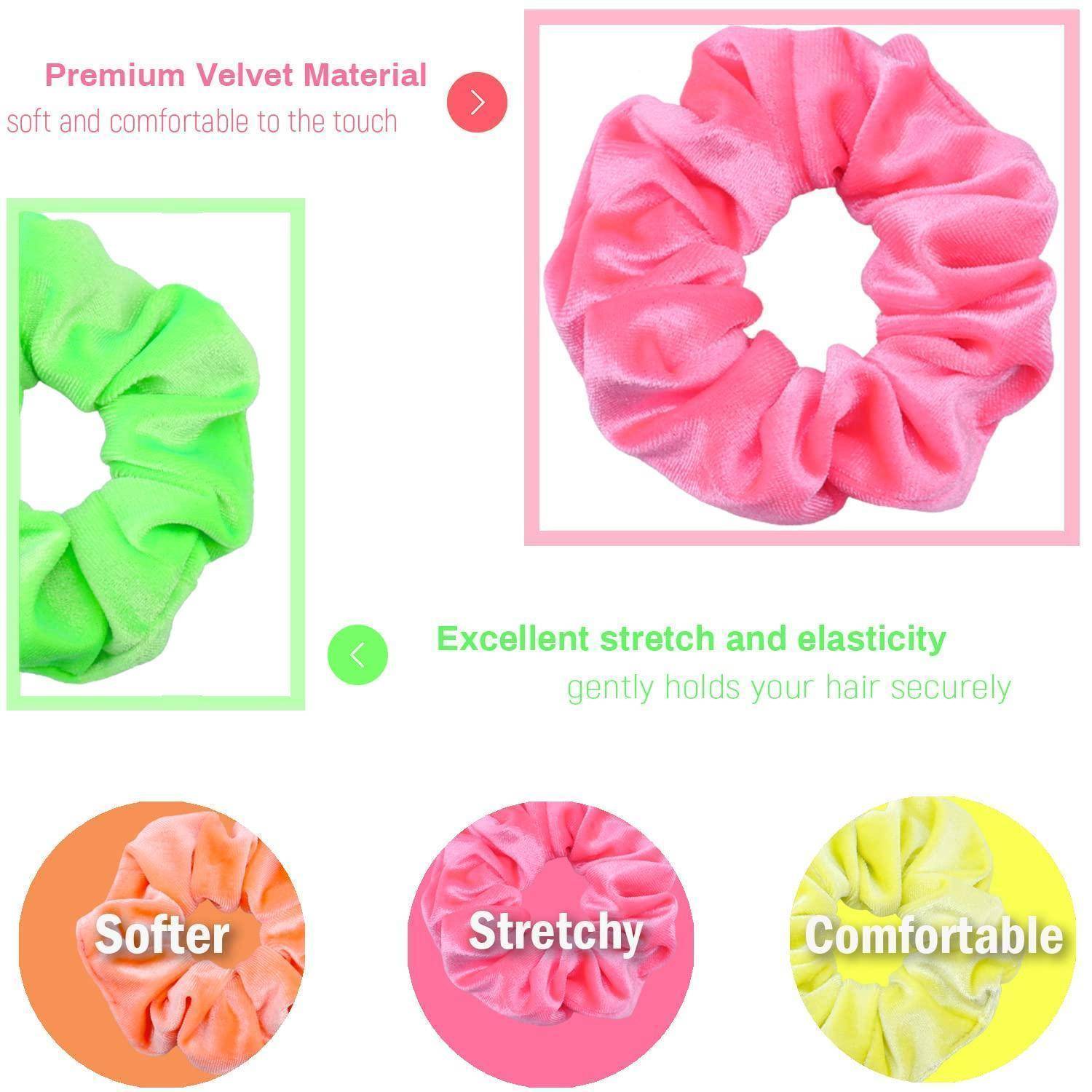 Ein pinker Samt-Scrunchie ist mit 'Premium Samtstoff' beschriftet und ein grüner Scrunchie wird gezeigt. Icons heben hervor: 'Weicher', 'Dehnbar', 'Komfortabel'.