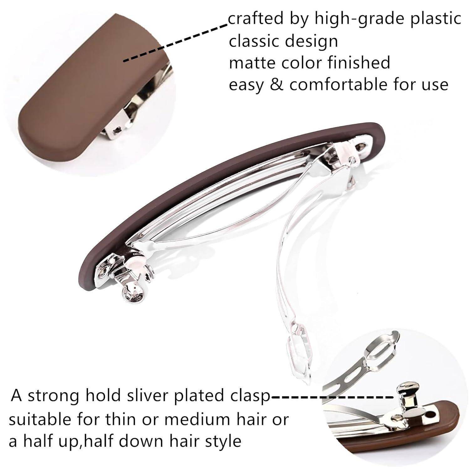Eine braune Haarspange mit klassischem Design, aus hochwertigem Kunststoff gefertigt, mit matter Oberfläche und robustem, versilbertem Verschluss für mittellange Haare.