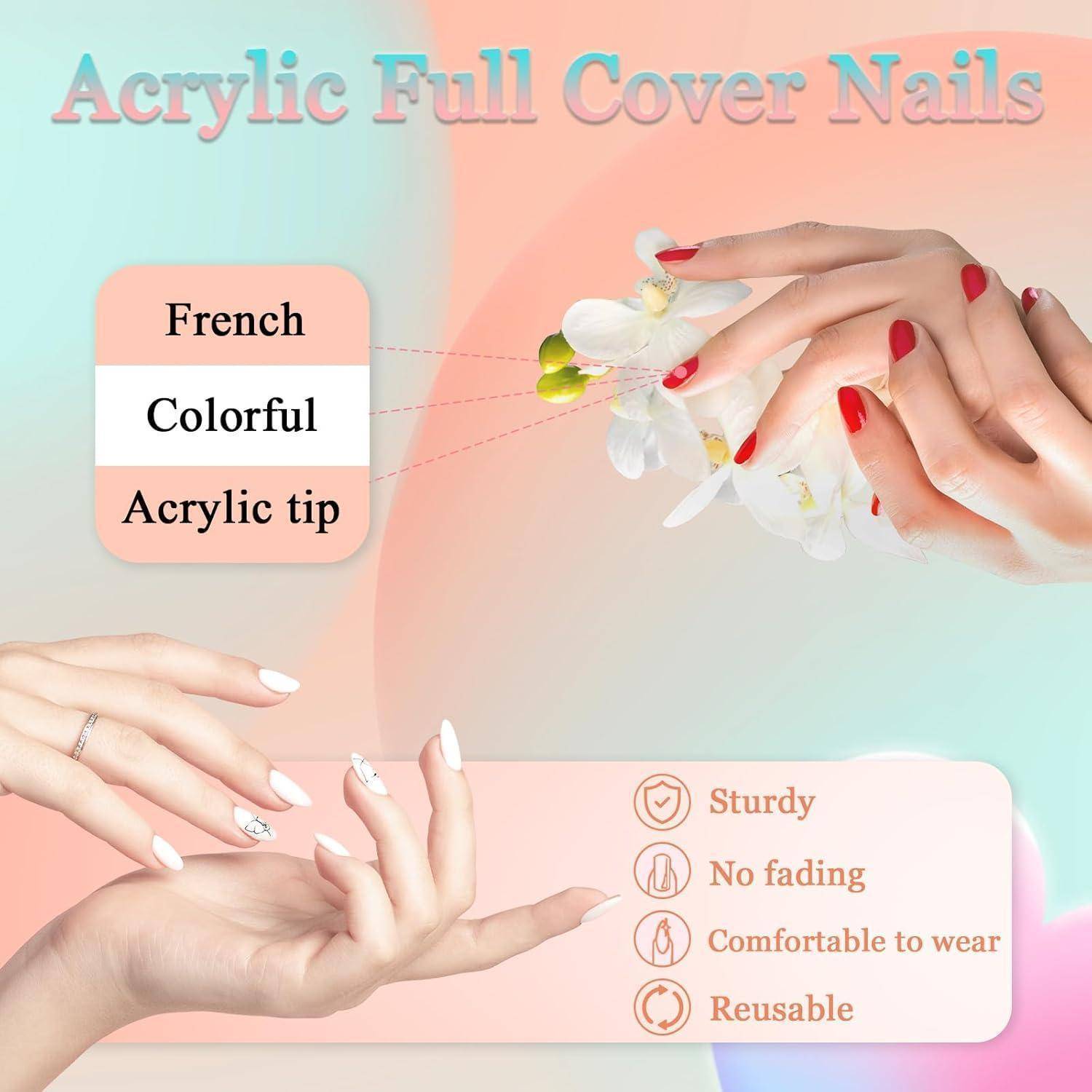 Hand mit 'Acryl-Fullcover-Nägeln', die in bunten Designs gezeigt werden. Etiketten heben Merkmale hervor: 'Robust', 'Angenehm zu tragen', 'Wiederverwendbar'.