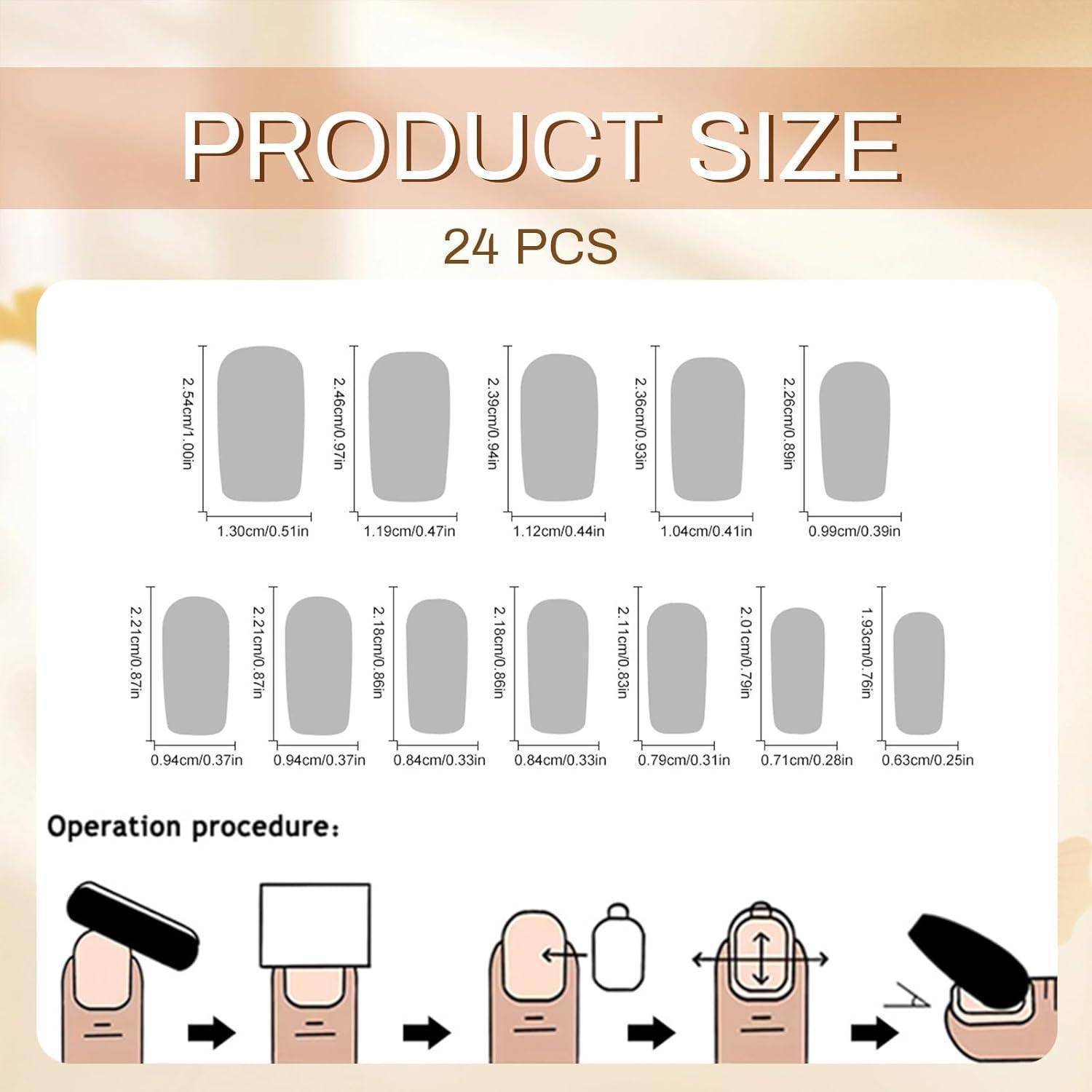 Nagelgrößentabelle mit Abmessungen von 12 Nagelspitzen, die von 0,51 Zoll bis 0,26 Zoll breit reichen. Anweisungen unten zeigen die Schritte zur Nagelapplikation.