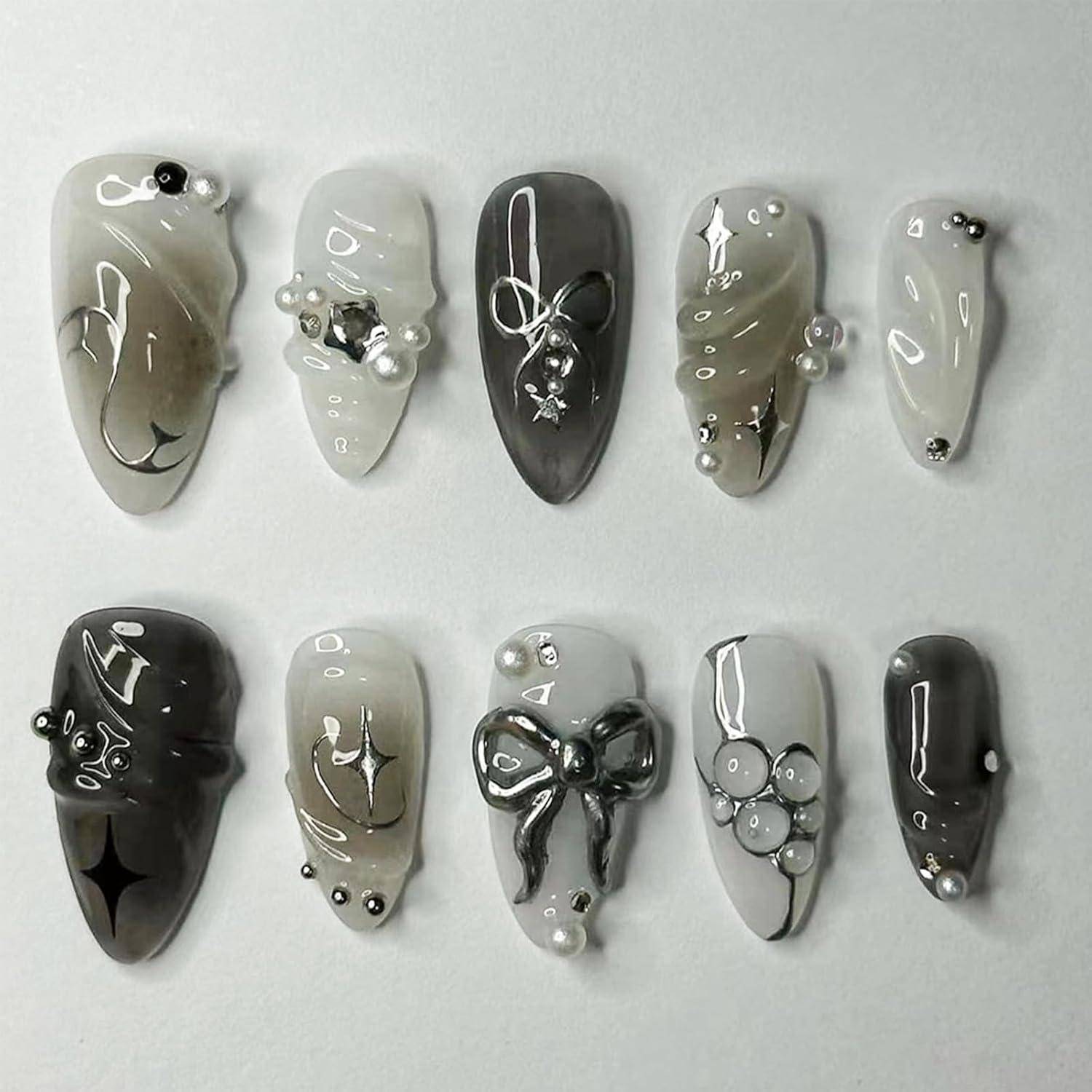 24 Stück Black Press on Nails Almond Perlen Design Gradient