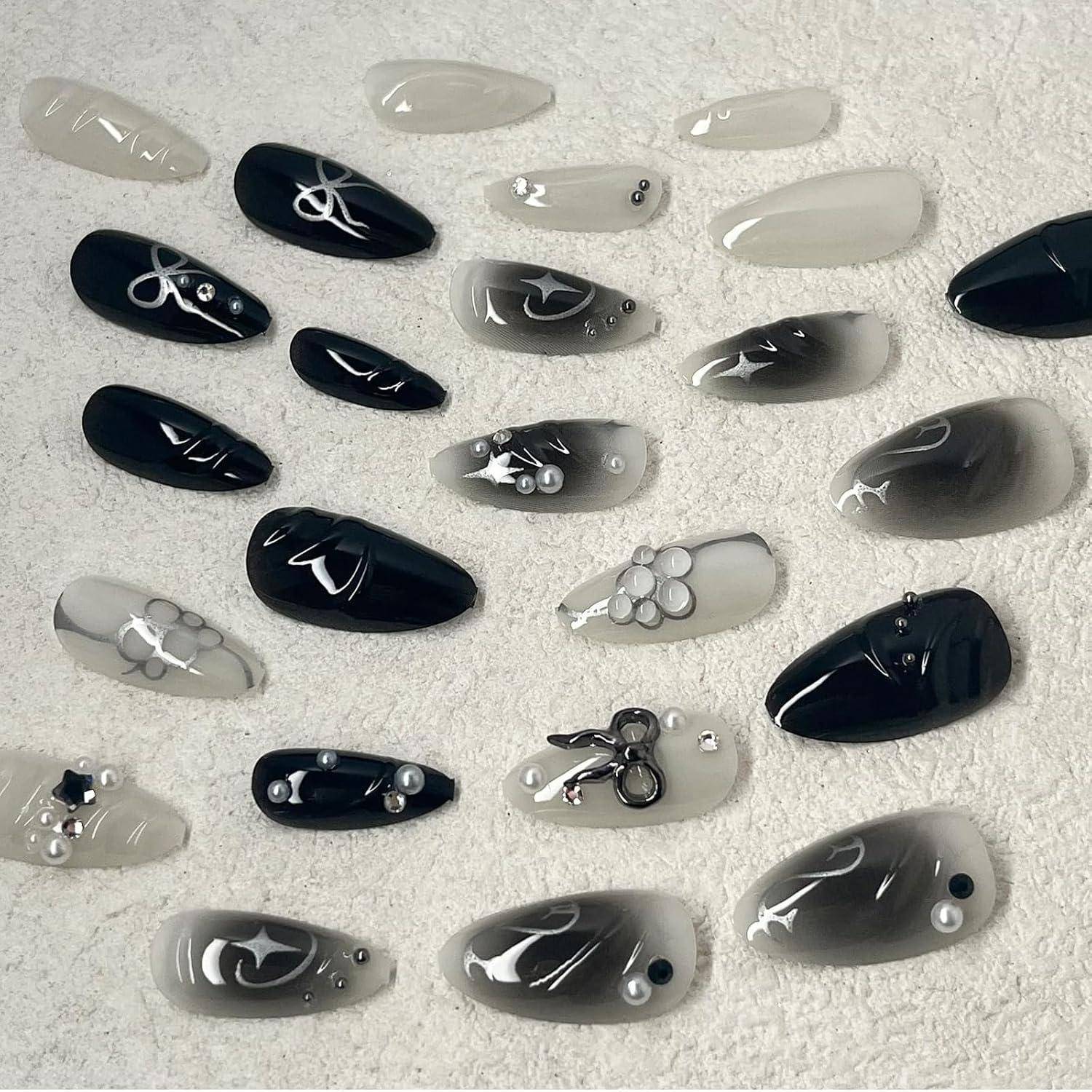 24 Stück Black Press on Nails Almond Perlen Design Gradient