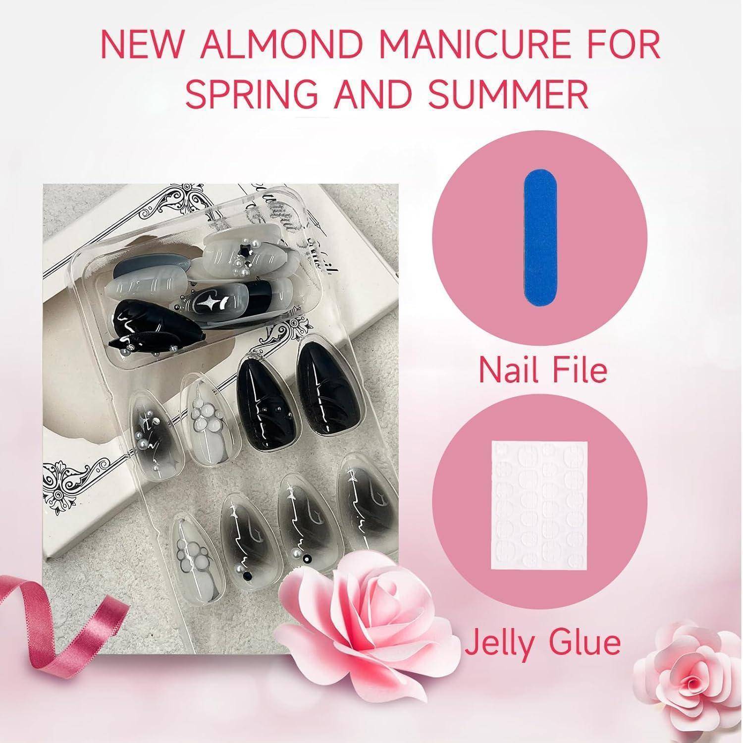 24 Stück Black Press on Nails Almond Perlen Design Gradient