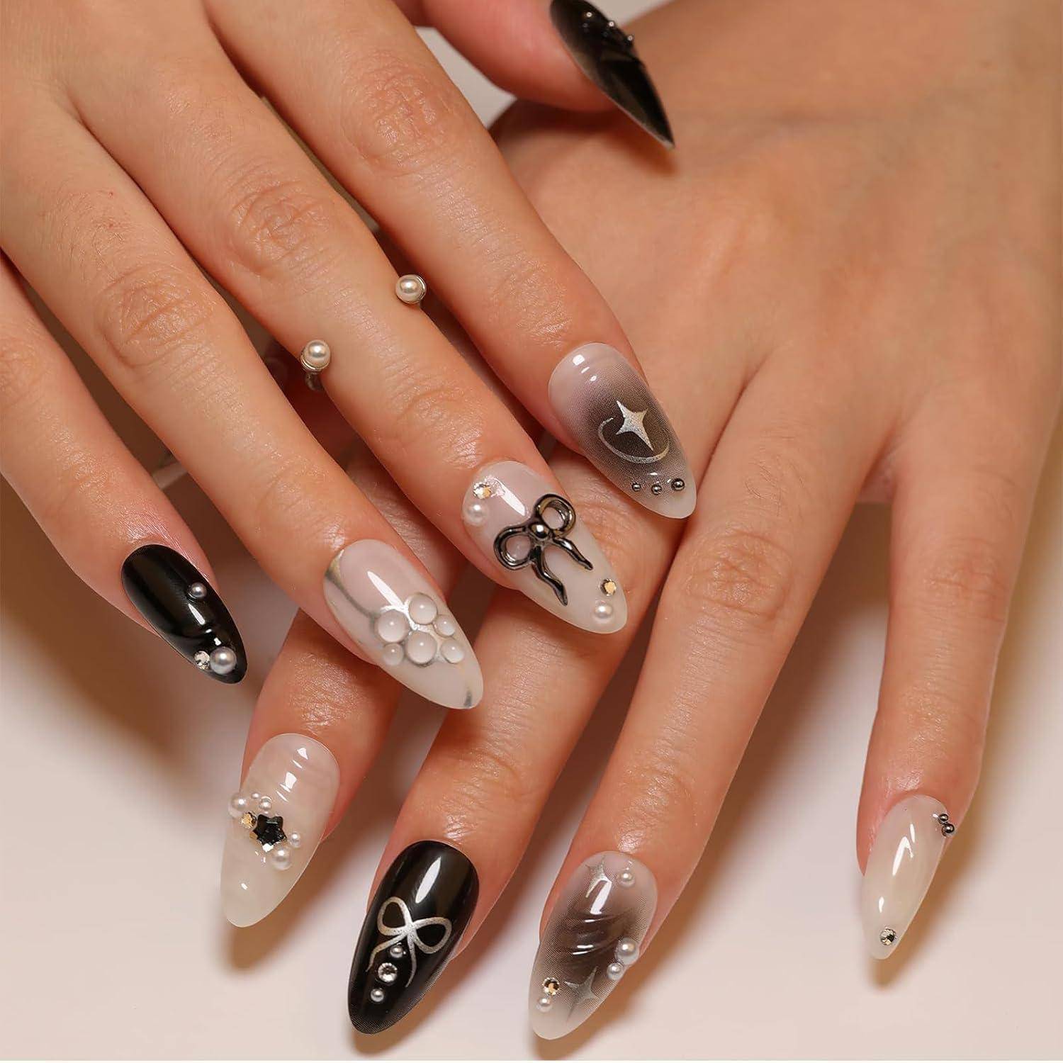 24 Stück Black Press on Nails Almond Perlen Design Gradient