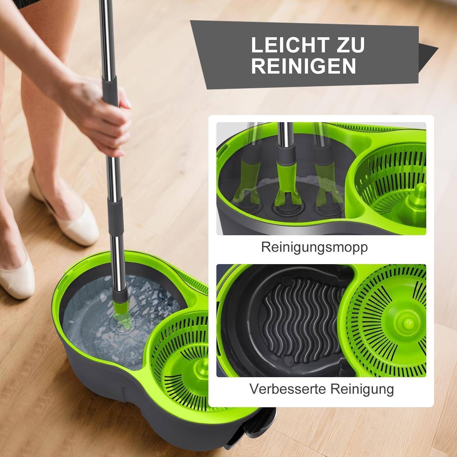 Wischmopp Set mit Eimer 2-in-1 Bodenwischer 3 Mikrofaser-Pads