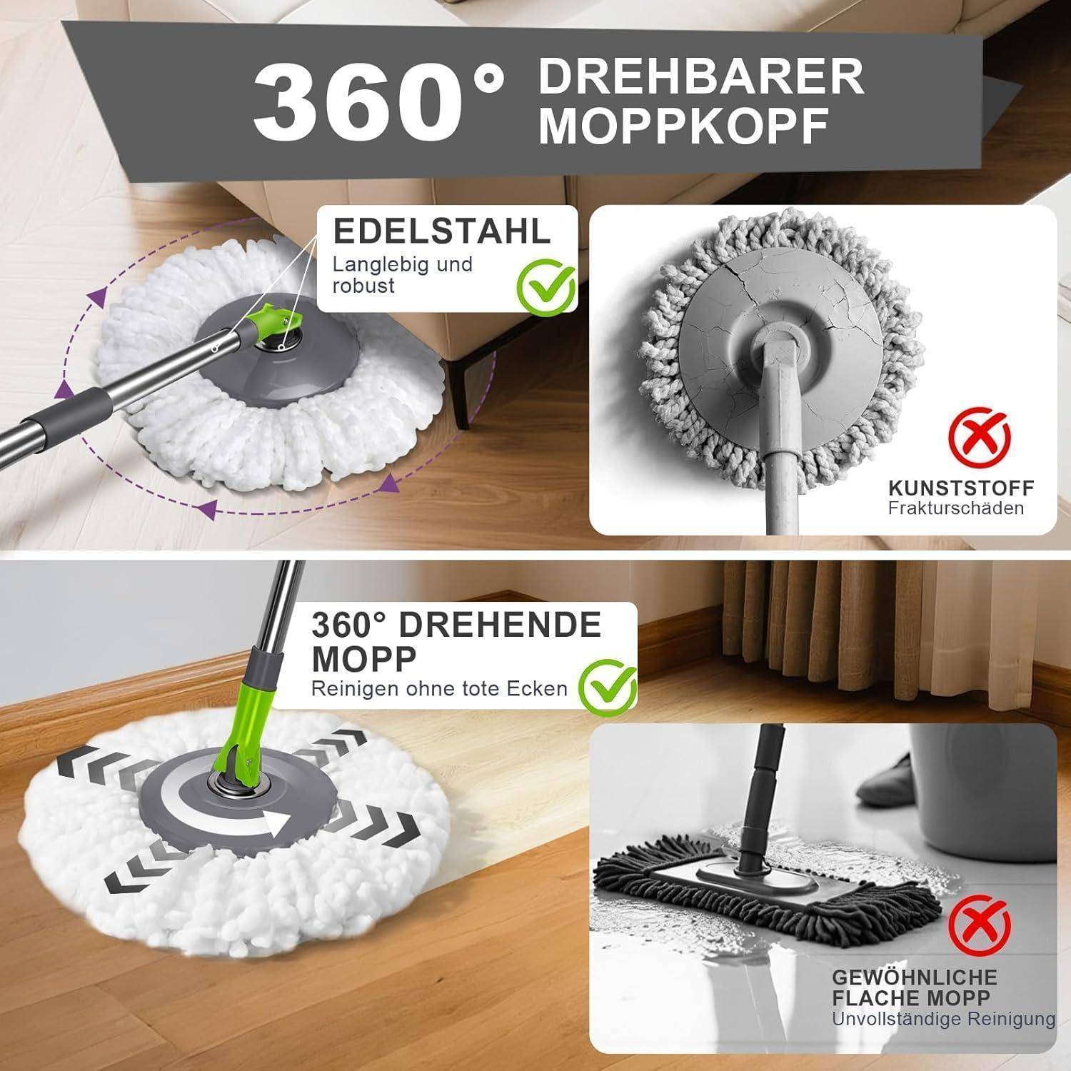 Wischmopp Set mit Eimer 2-in-1 Bodenwischer 3 Mikrofaser-Pads