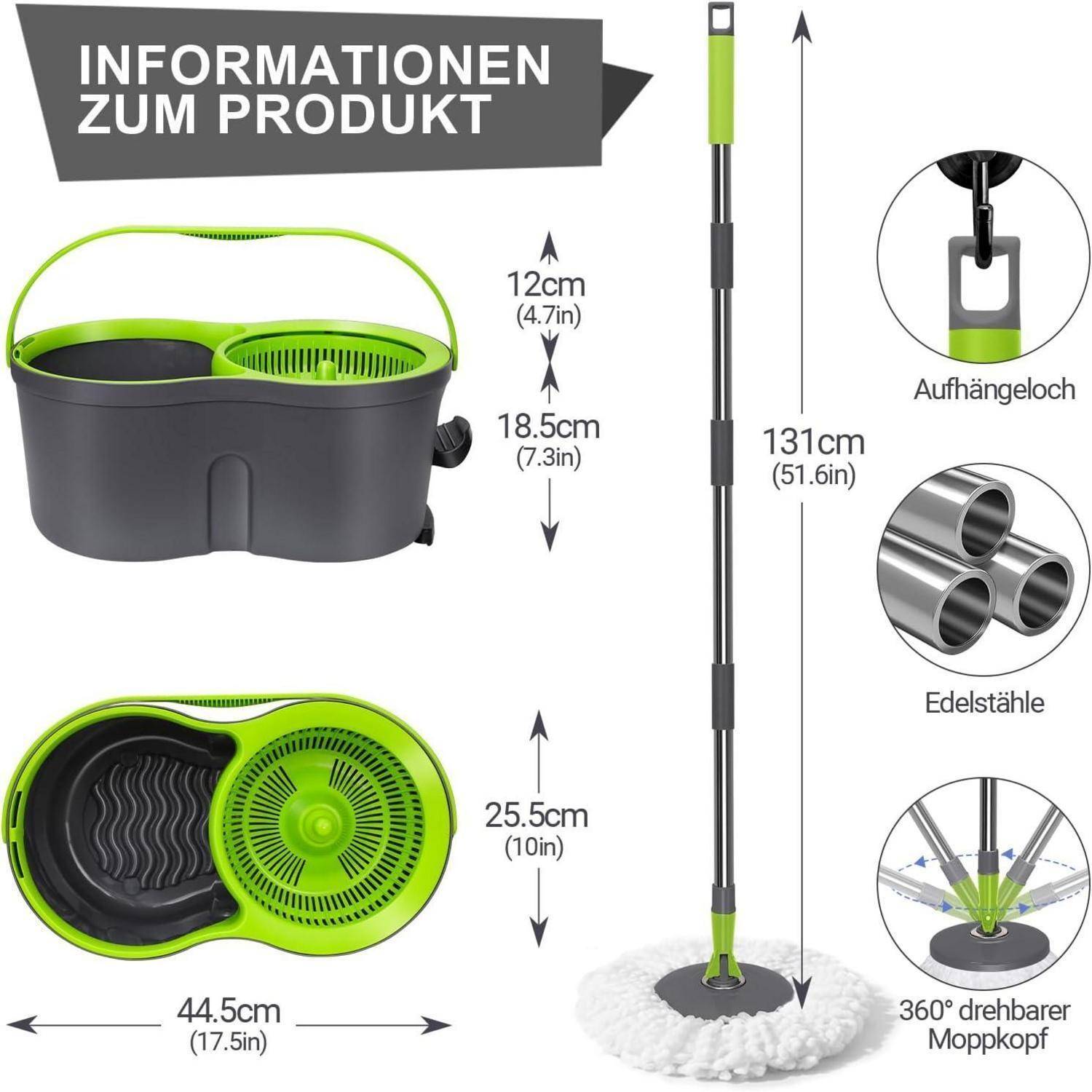 Wischmopp Set mit Eimer 2-in-1 Bodenwischer 3 Mikrofaser-Pads