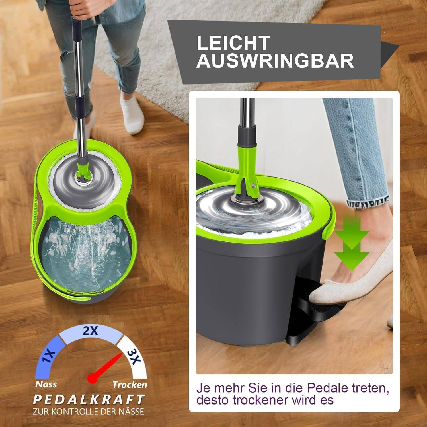 Wischmopp Set mit Eimer 2-in-1 Bodenwischer 3 Mikrofaser-Pads