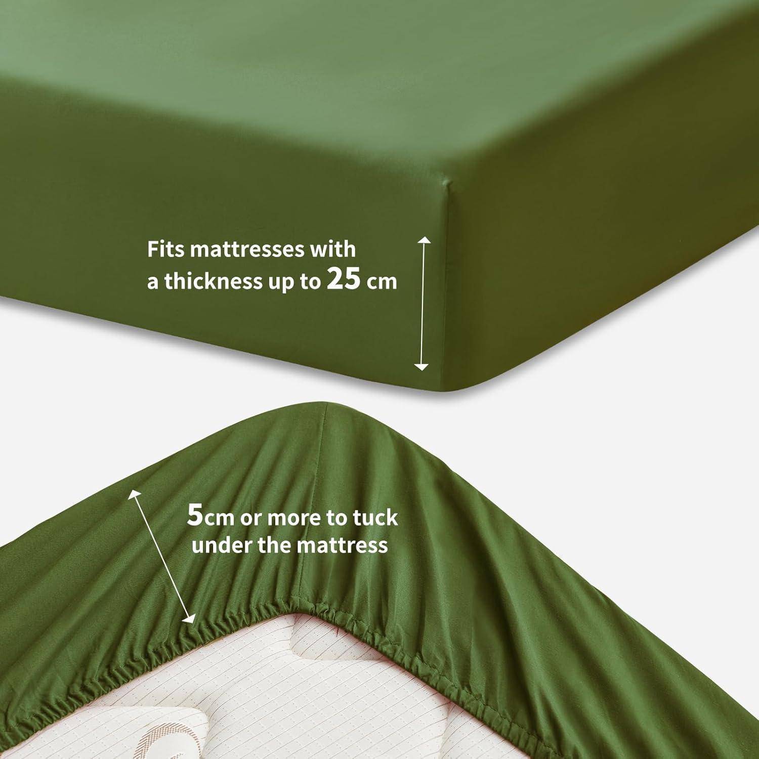 Grünes Spannbetttuch, das an einer Ecke eines Bettes gezeigt wird, geeignet für Matratzen bis zu 25 cm Dicke und mit mindestens 5 cm Überschlag.