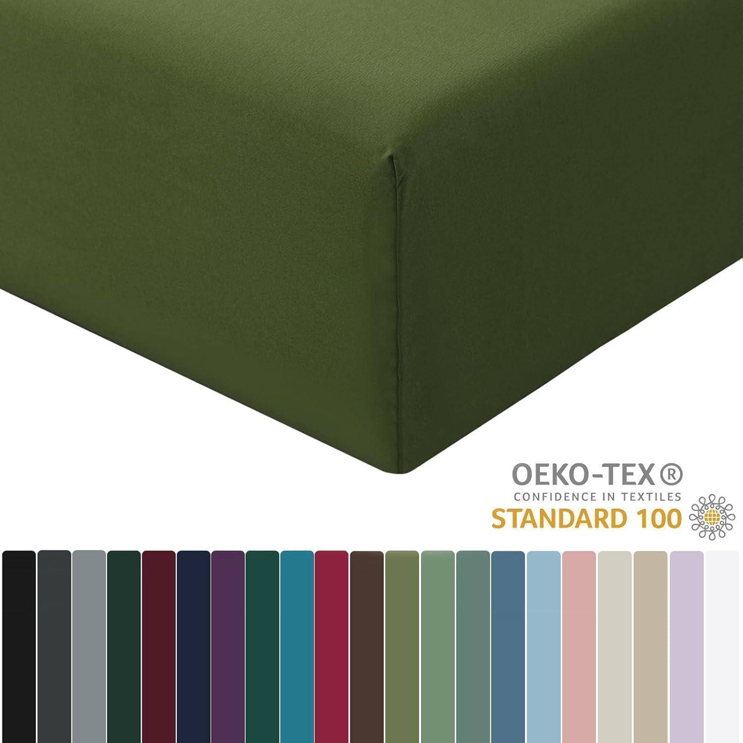 Eine Vielfalt farbiger Baumwollfabrics mit dem Logo des 'OEKO-TEX Standard 100', der die textile Sicherheitszertifizierung kennzeichnet.