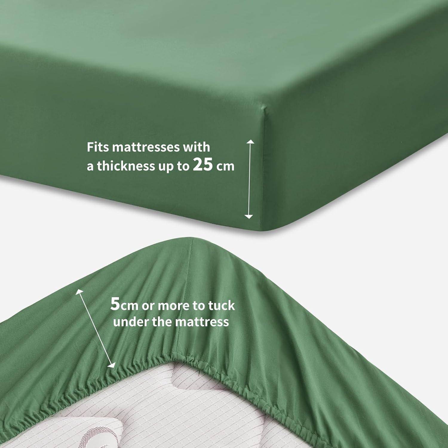 Grünes Spannbettlaken für Matratzen bis zu 25 cm Dicke; zeigt elastische Ecken-Befestigung 5 cm unter der Matratze für sicheren Halt.