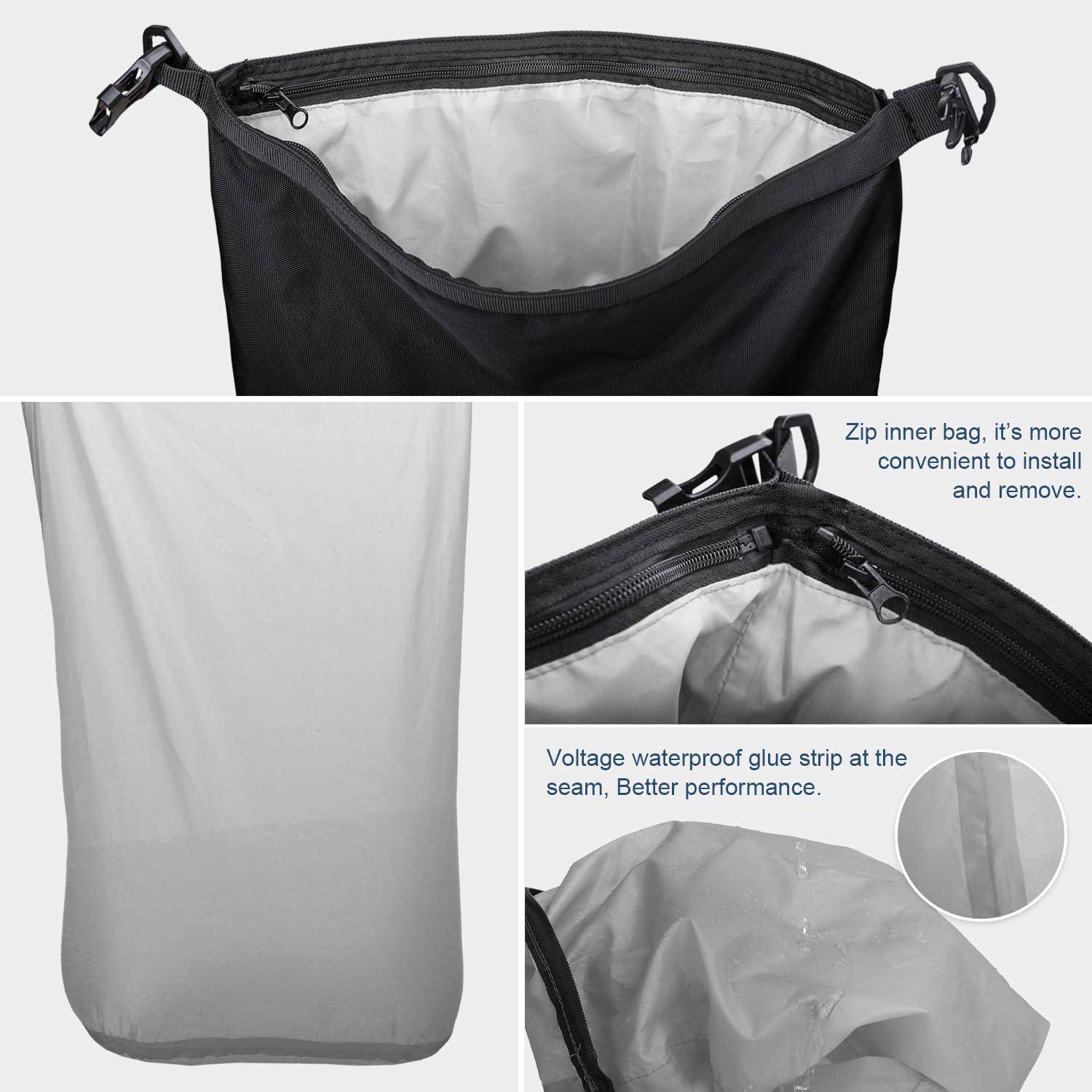 Tasche mit Innen- und Außenansicht. Merkmale umfassen einen innenliegenden Reißverschluss, wasserdichten Klebstreifen für bessere Leistung und erhöhte Benutzerfreundlichkeit.