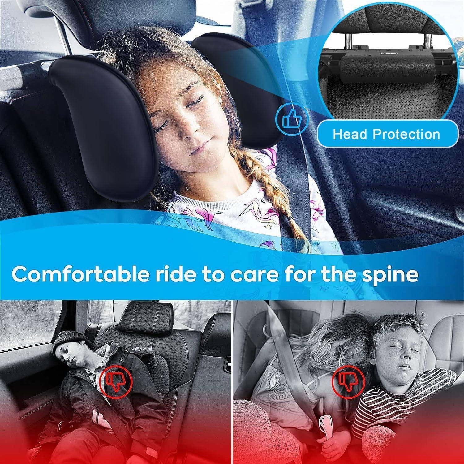 Ein Kind, das in einem Auto mit einem Kopfstützkissen schläft, das den Kopf schützt. Text lautet: ‚Komfortable Fahrt zur Pflege der Wirbelsäule.