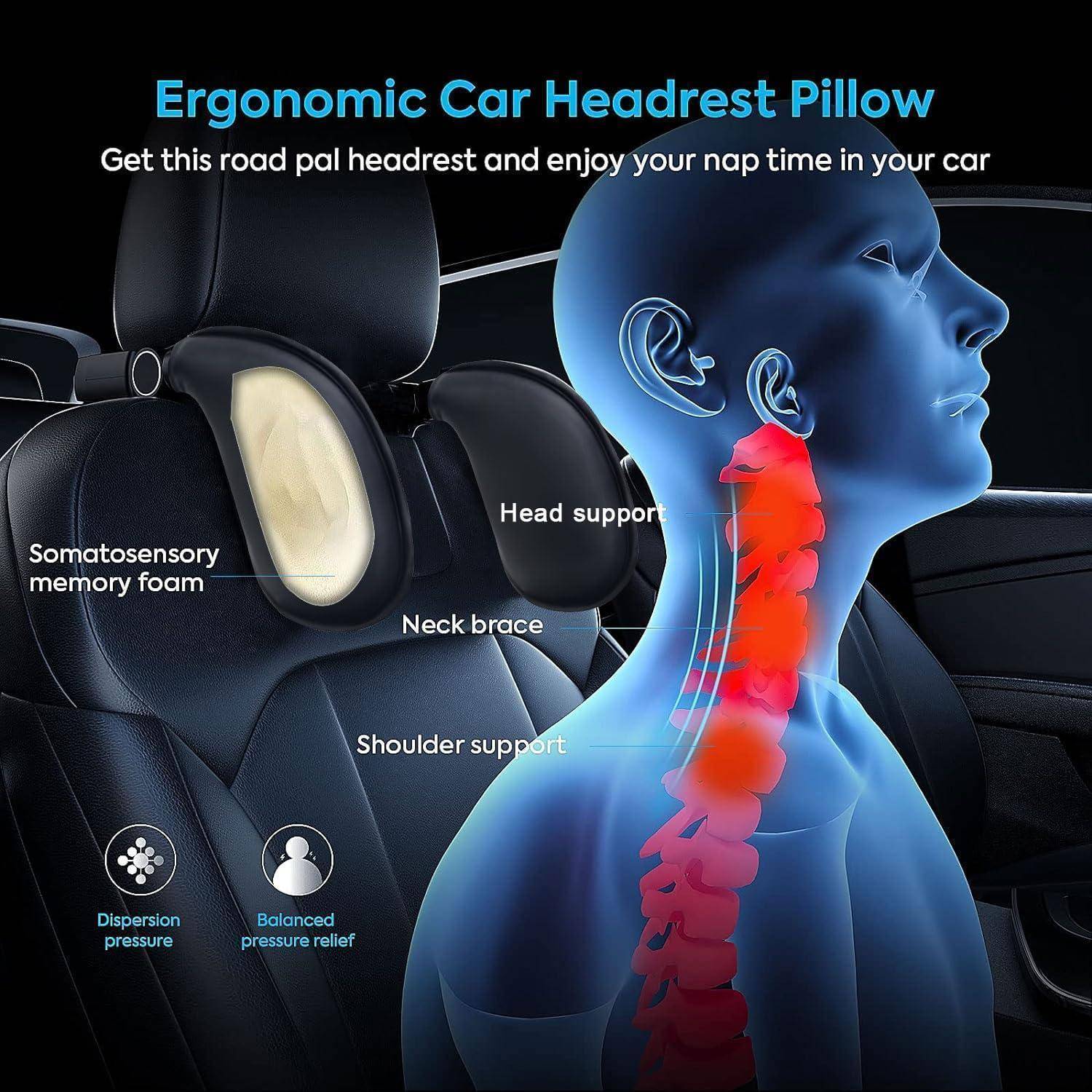 Das Bild des 'Ergonomischen Autokopfstützen-Kissens' zeigt eine Kopfstütze mit Memoryschaum, Nackenstütze, Kopfhalterung und Schulterstütze für mehr Komfort während der Fahrt.